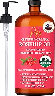 Rosehip Oil – USDA Organic 100% Pure, Cold-Pressed & Unrefined, Rosehip Oil for Face, Skin & Hair– Helps Reduce the Appearance of Fine Lines & Wrinkles – Rose Hip Seed Oil16 fl oz Glass Bottle
