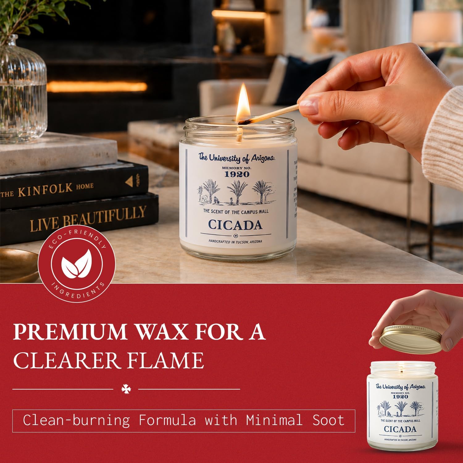 CICADA Campus Mall Scented Candle, Memory No. 1920, University of Arizona Inspired Coconut-Soy Blend Wax, Fresh Cut Grass Green Stems Desert Air Aroma, Hand Poured Arizona Reveries Home Fragrance