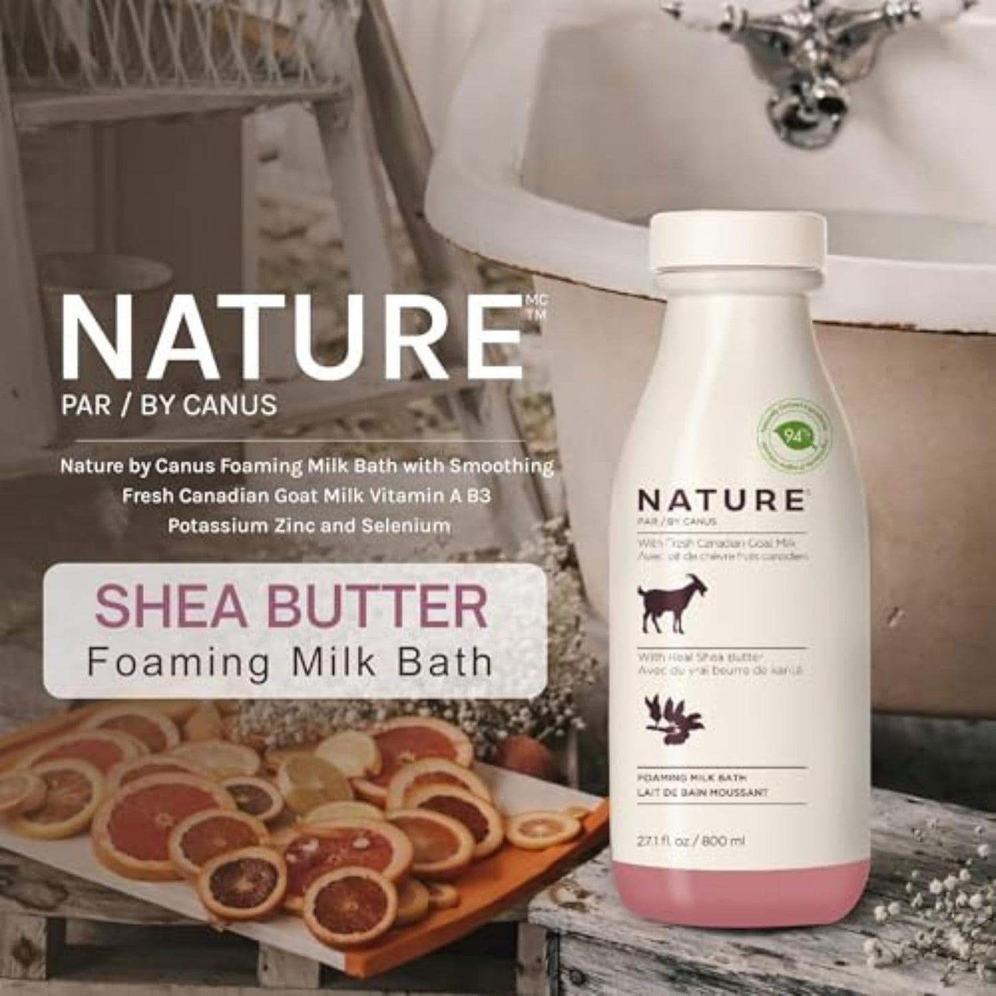 Goat Milk Foaming Bath with Shea Butter, 27.1 Fl Oz, Fresh Canadian Goat Milk with Vitamin A B3 Potassium Zinc Selenium, Nature by Canus