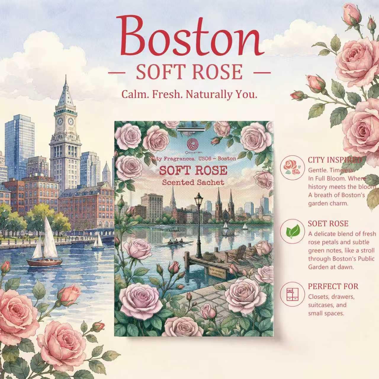 US06-Boston Soft Rose Sachets for Drawers, Closets & Cars, 12 Pack | Car Air Freshener sachets with Boston Soft Rose scent. Freshens closets, drawers, cars and small spaces.