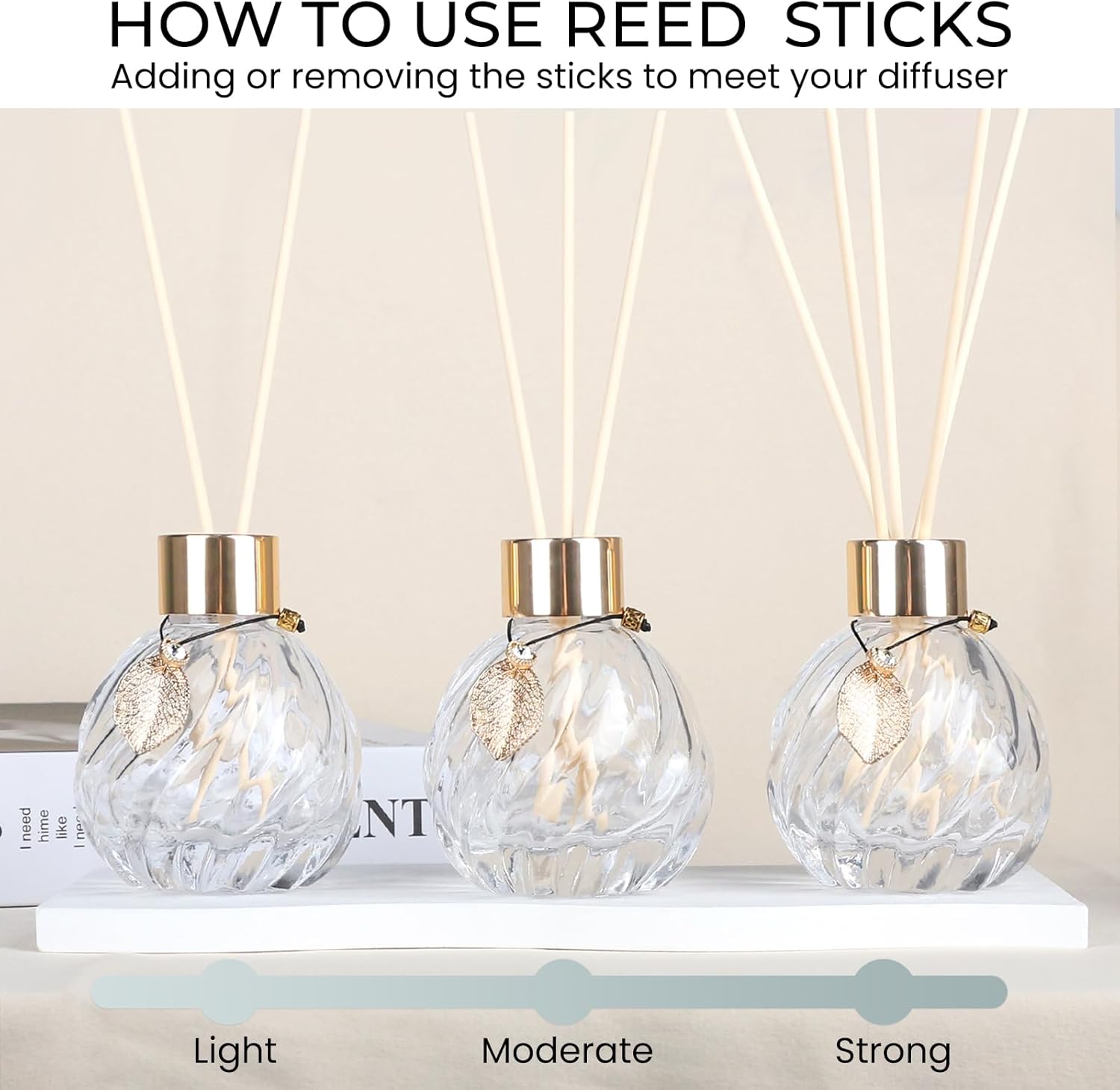 4-Piece Reed Diffuser Set with Metal Golden Decoration, 3.5-4.2oz Empty Bottles and 20 Reed Sticks, Unique Design for Home and Office (4 Different Bottles)
