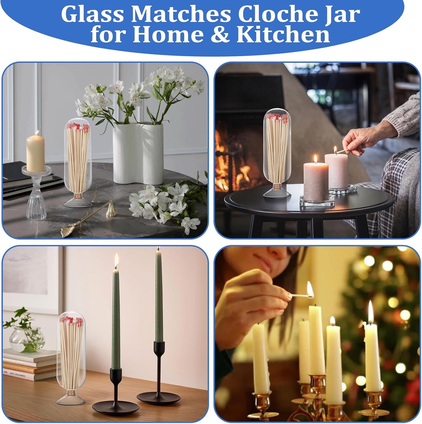 OwnMy 8 Inch Glass Match Cloche Decorative Glass Match Holder Jar with Cork Stopper, Clear Glass Matches Box Matchstick Holder Organizer for Home Bathroom Fireplace Candle Use (NOT Includes Matches)