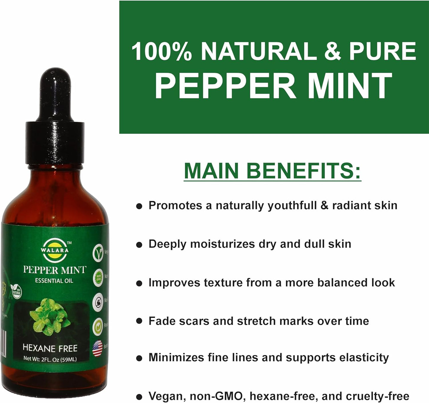 Peppermint Essential Oil - 2 oz | 100% Pure & Natural for Aromatherapy, Skin, Hair & Scalp Care