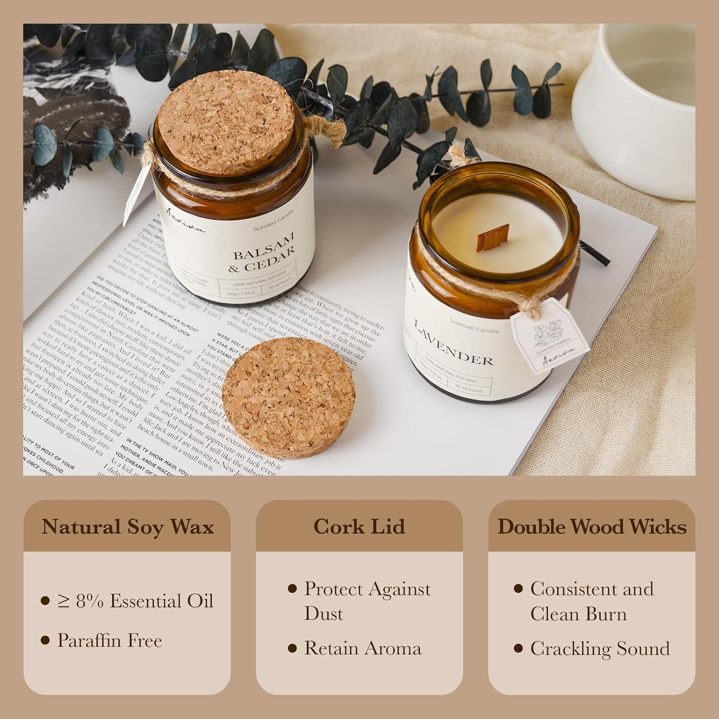 Scented Candle, 7.05 oz Balsam Cedar Aromatherapy Candle, Natural Soy Wax with Wooden Wick, Candles for Home Scented, Stress Relief Amber Jar Candle Gifts