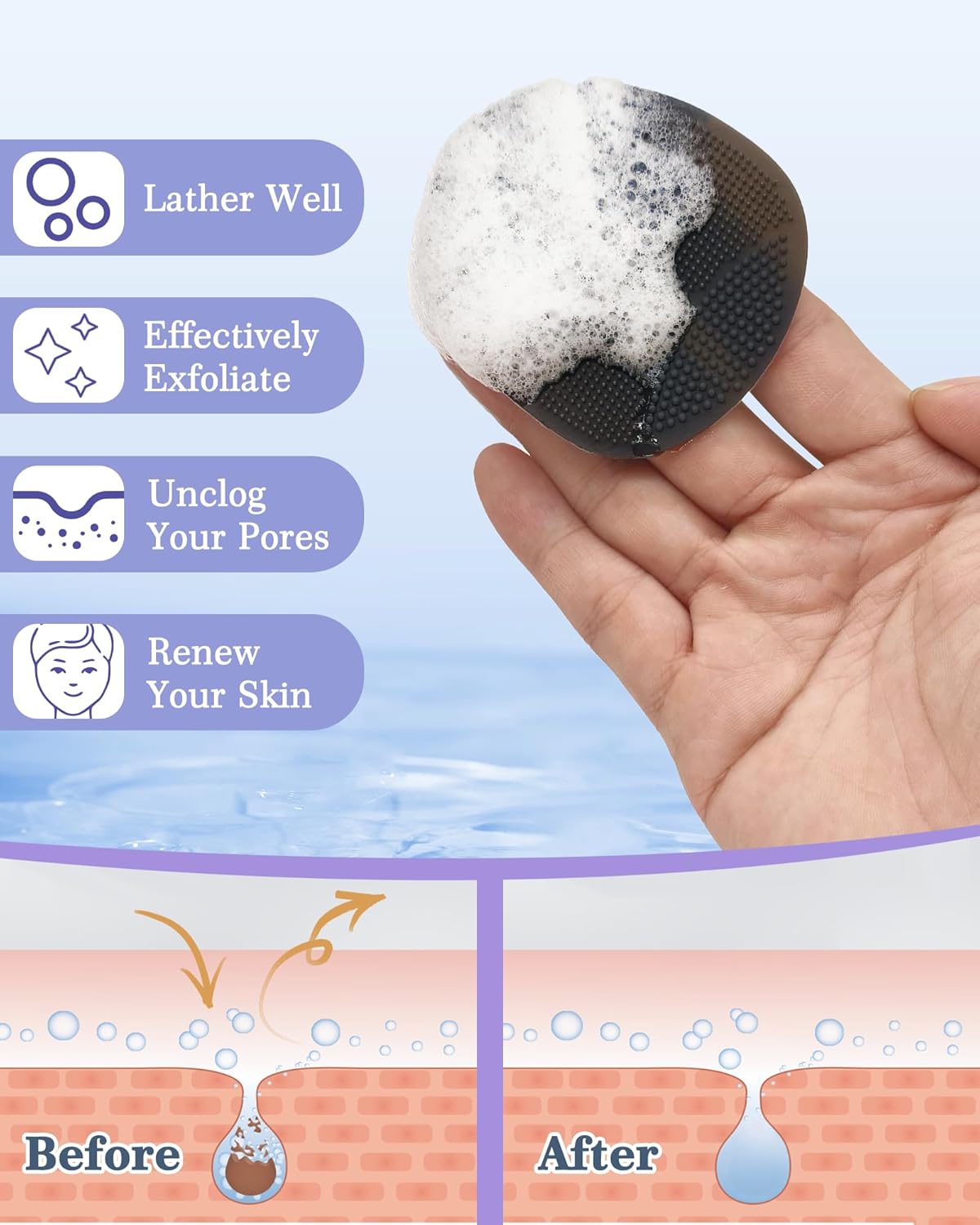 Manmihealth Silicone Back Scrubber & Soft Bath Glove Set 4 PCS(Thick Bristles), Super-Exfoliating Body Scrubber & Super-Lathering Shower Brush Combination, with 2 Adhesive Hooks (Black)