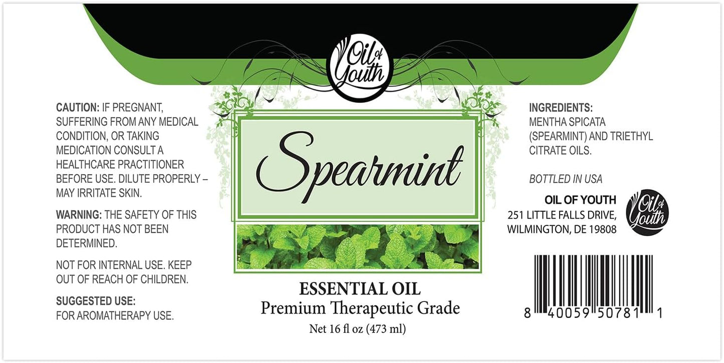 Oil of Youth Spearmint Essential Oil 16oz – Pure Spearmint Essential Oil for Skin Therapy, Enhance Mood, Aromatherapy Diffuser