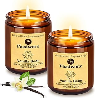 Fissiworx Vanilla Scented Candle Set 2 Pack, Candle for Home Scented, Odor Eliminating, Stress Relief, 15oz, 110 Hours Long Lasting Candles, Soy Candle Gift Set for Women