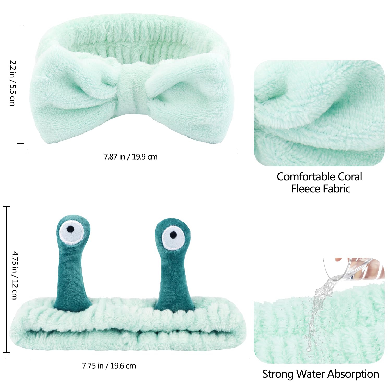 Atoden Spa Headband and Wristband Set Skincare Makeup Headband Bowknot Snail Headbands Wrist Bands for Washing Face Cute Animal Face Wash Head Band for Women Girls (Green)