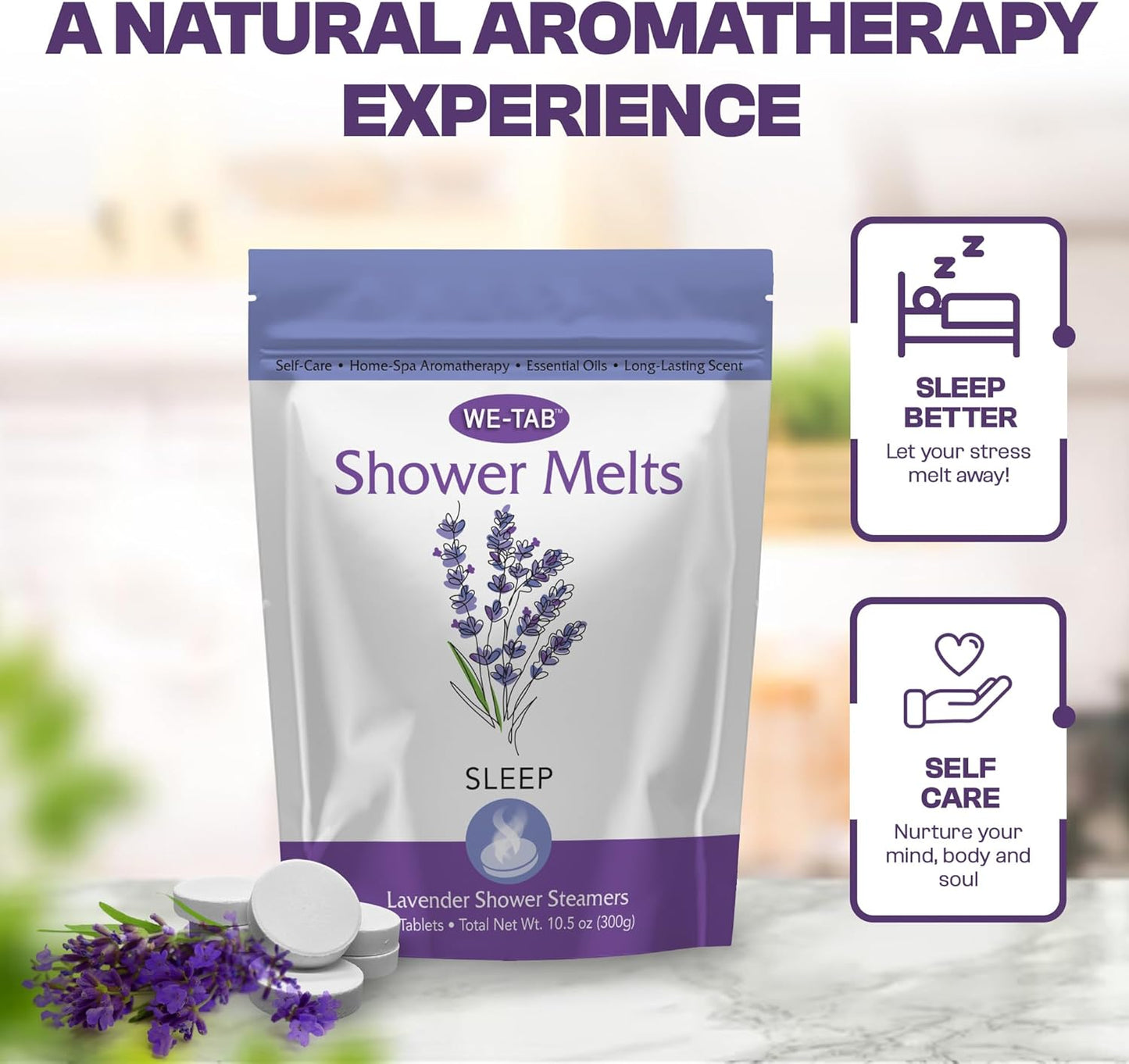 Shower Steamers 10-pk with Essential Oil Aromatherapy to Unwind and Sleep, Long Lasting Lavender Scent, No Stain or Artificial Dye, for Relaxation, Stress Relief and Self Care Gift for Everyone!