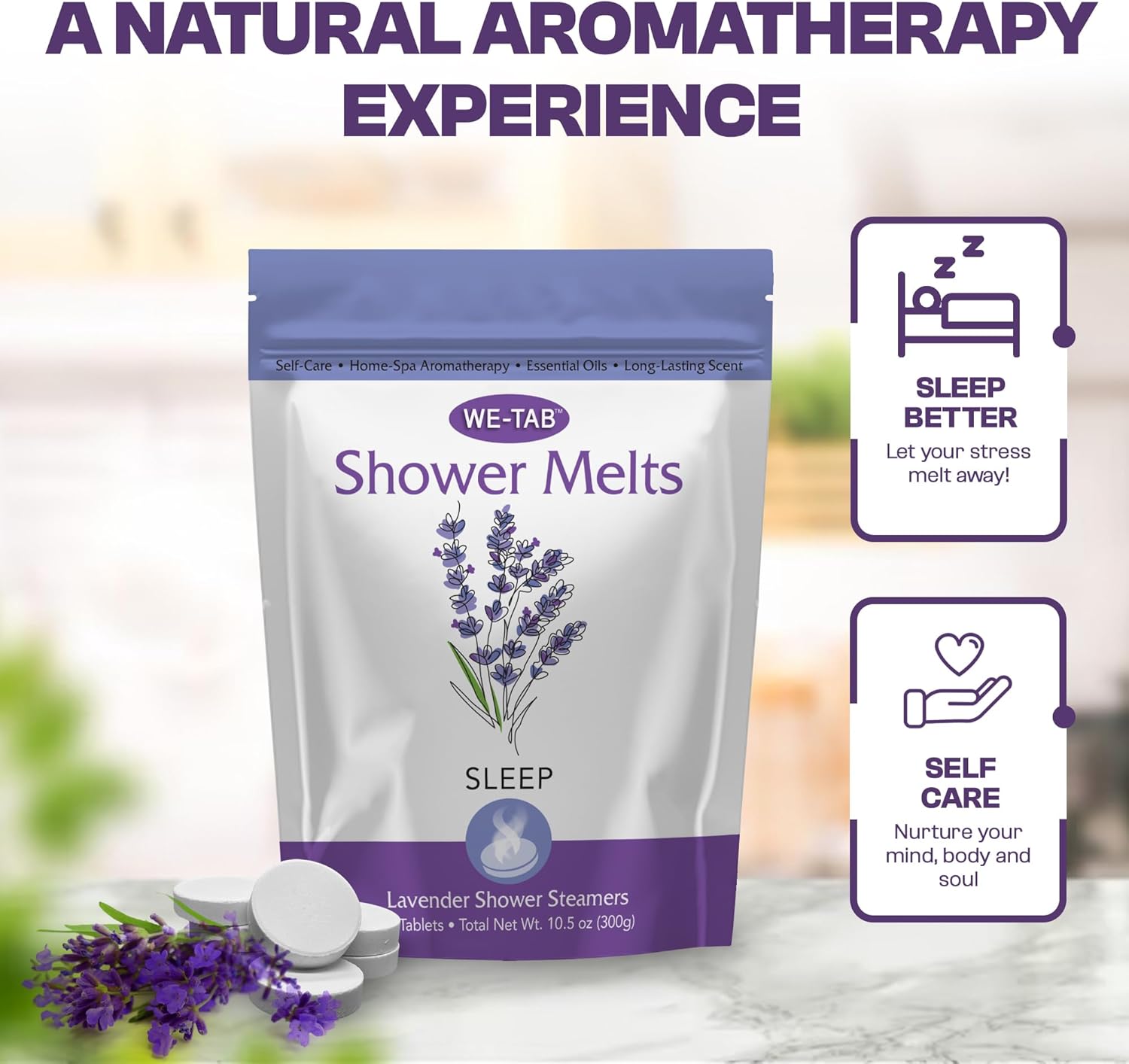 Shower Steamers 10-pk with Essential Oil Aromatherapy to Unwind and Sleep, Long Lasting Lavender Scent, No Stain or Artificial Dye, for Relaxation, Stress Relief and Self Care Gift for Everyone!