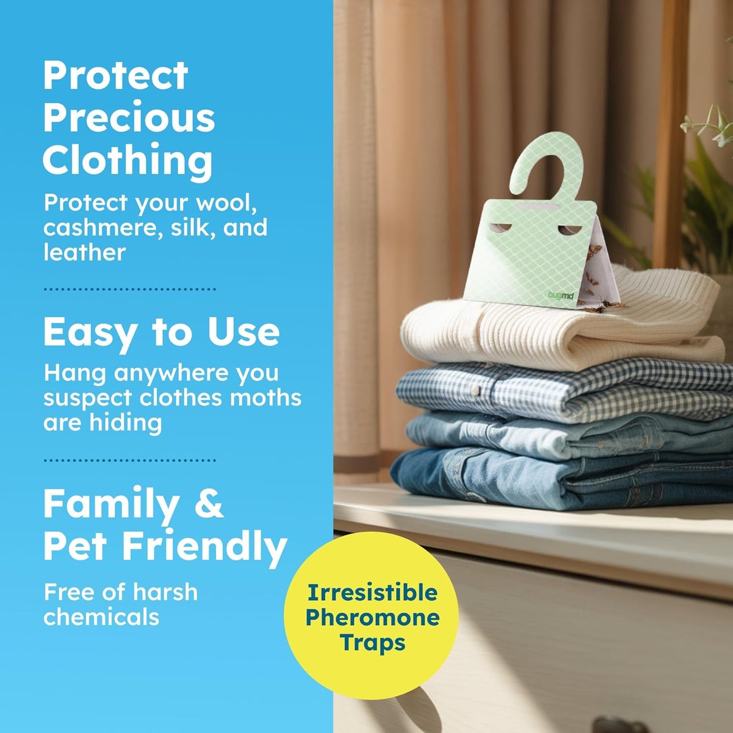 BugMD Clothes & Pantry Moth Traps (6 Count) – Sticky Glue Pheromone-Based Repellent for Closets, Cabinets & Wardrobes – Non-Toxic - Green
