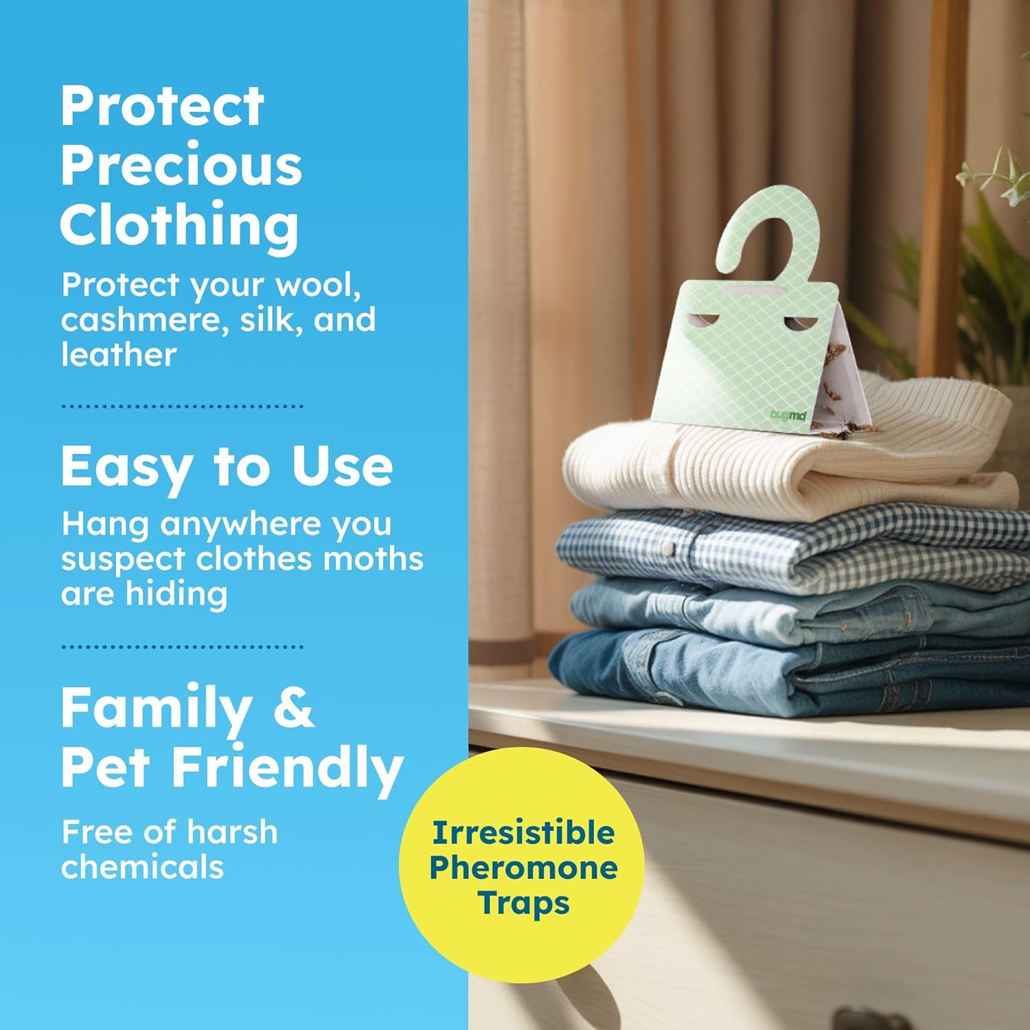 BugMD Clothes & Pantry Moth Traps (6 Count) – Sticky Glue Pheromone-Based Repellent for Closets, Cabinets & Wardrobes – Non-Toxic - Green