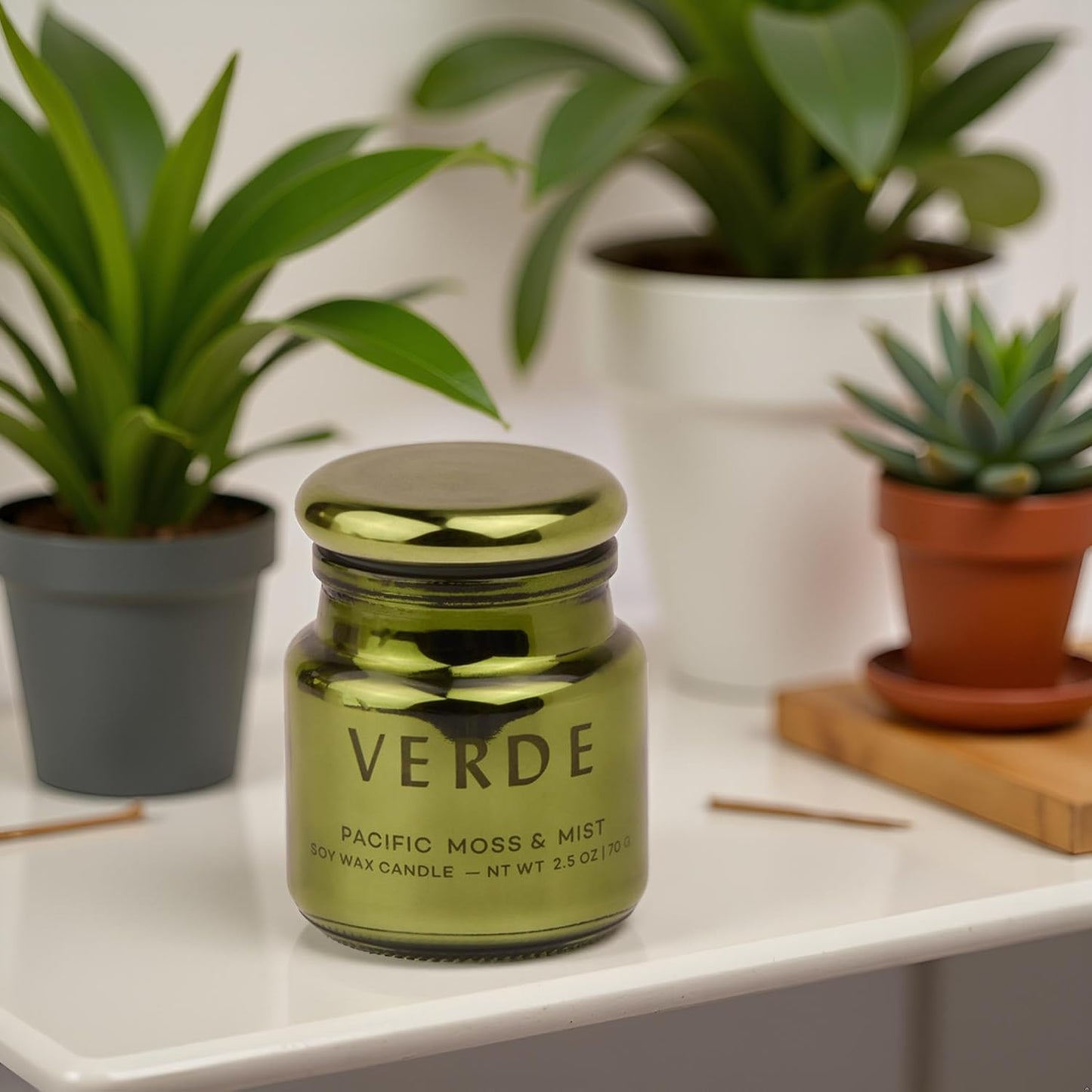 Paddywax Chroma Scented Candle with Lid in Reusable Metallic Etched Glass Jar, Clean- Burn Soy Candle with Approx. 14 Hour Burn Time, Green – Verde, Pacific Moss & Mist, 2.5 oz