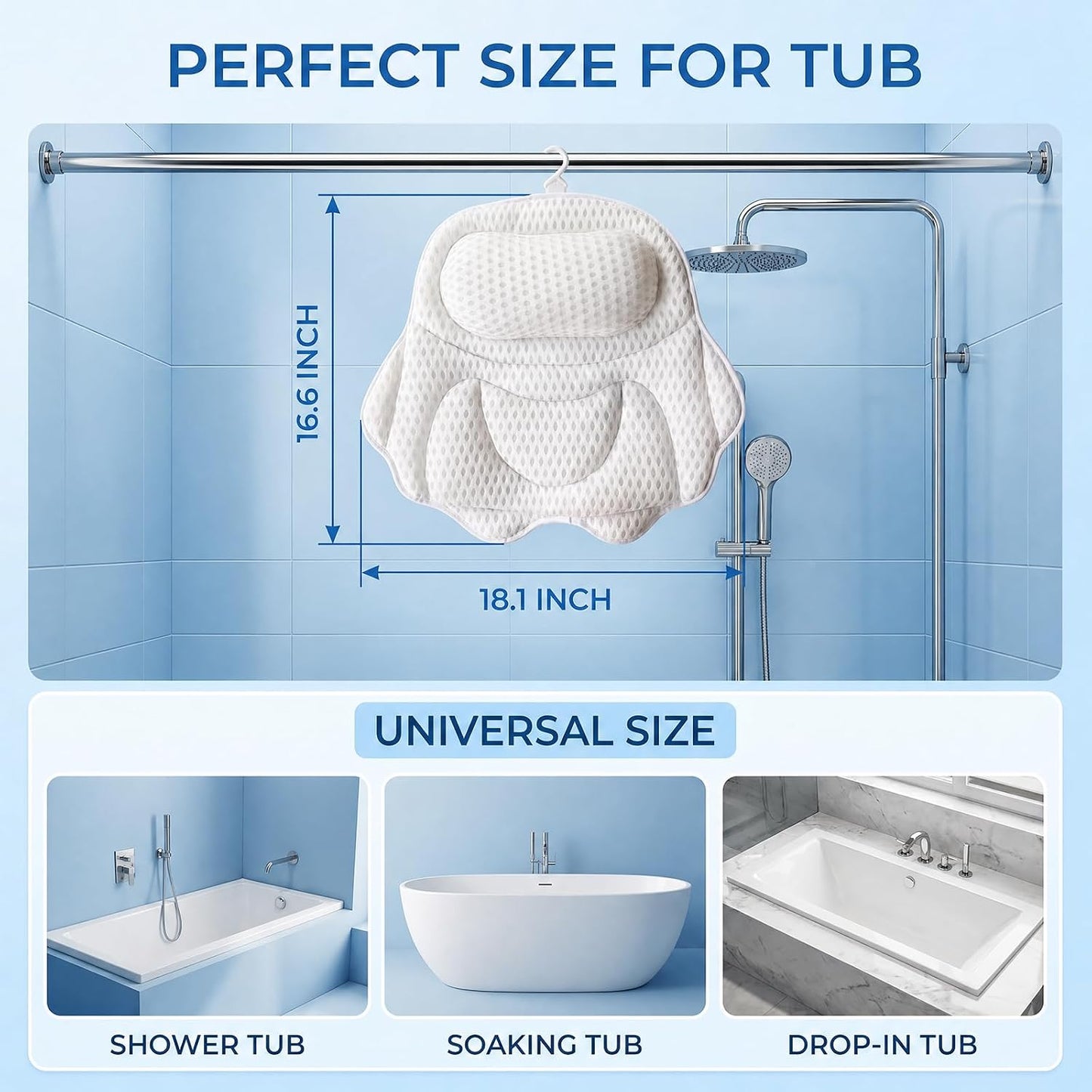 Luxury Bath Pillow for tub Supporting Head, Neck and Back, Ergonomic 4D Air Mesh Bathtub Cushion with 6 Non-Slip Suction Cups and Drying Hook for Soaking Tub and Home Spa Relaxation