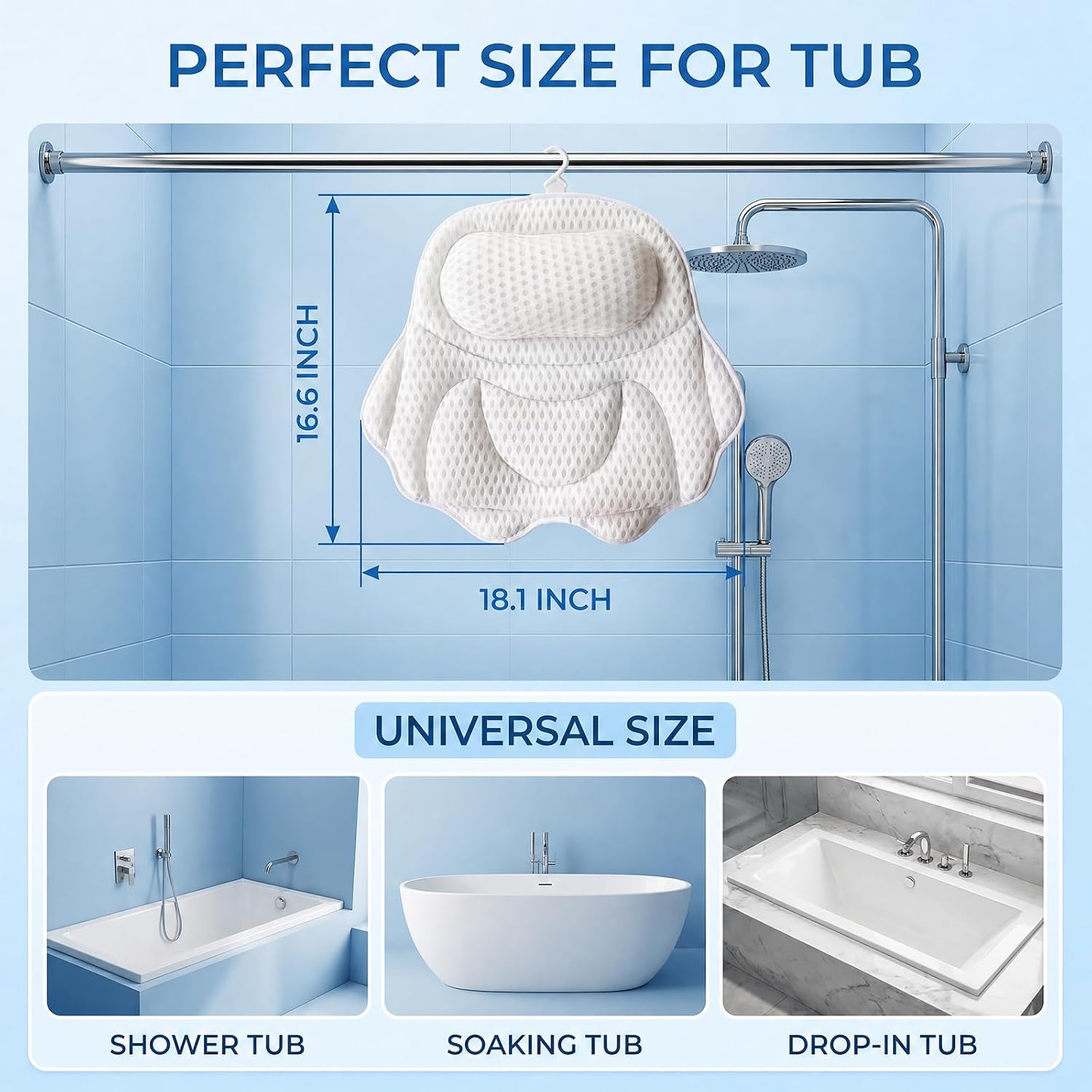 Luxury Bath Pillow for tub Supporting Head, Neck and Back, Ergonomic 4D Air Mesh Bathtub Cushion with 6 Non-Slip Suction Cups and Drying Hook for Soaking Tub and Home Spa Relaxation