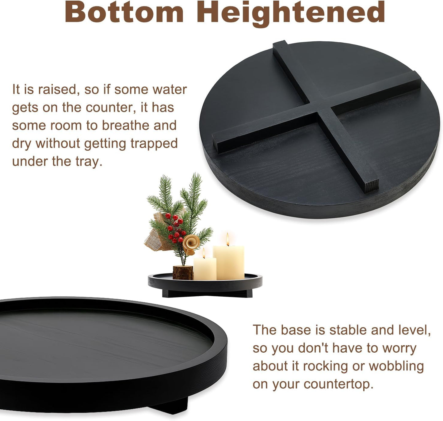 Black Decorative Wooden Tray for Kitchen Counter Bathroom Accessories Sink Vanity Trays Wood Riser Candle Pedestal Stand for Perfume Soap Trays Round Dining Coffee Table Small Rustic Home Decor Tray
