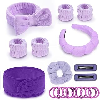 20 Piece Spa Set, Face Wash Headband and Wristband, Bubble Headband, Gifts for Ladies, Women's Headbands (Purple)