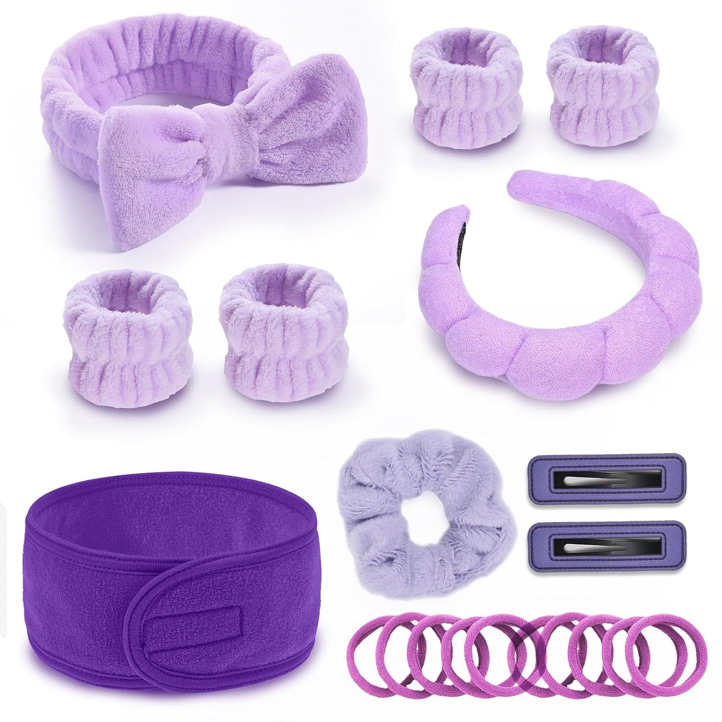 20 Piece Spa Set, Face Wash Headband and Wristband, Bubble Headband, Gifts for Ladies, Women's Headbands (Purple)