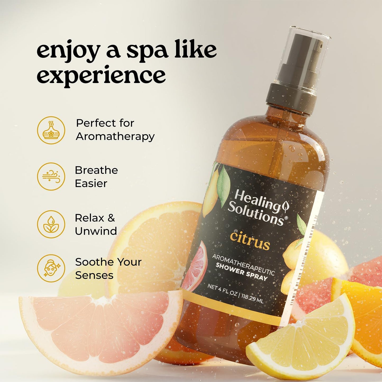Healing Solutions Aromatherapy Shower Spray, Citrus, 4oz, Therapeutic Grade Essential Oils, Made in the USA, At Home Spa Experience (4oz, Citrus)