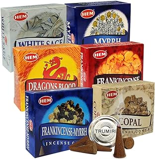 Hem Incense Cones Variety Pack #4 and Inscents-Cones Burner Holder with 6 Most Popular Fragrances - Dragons Blood, Frankincense, Myrrh - Total 60 Scented Cone Incense (6 Scents x 10 Conos)