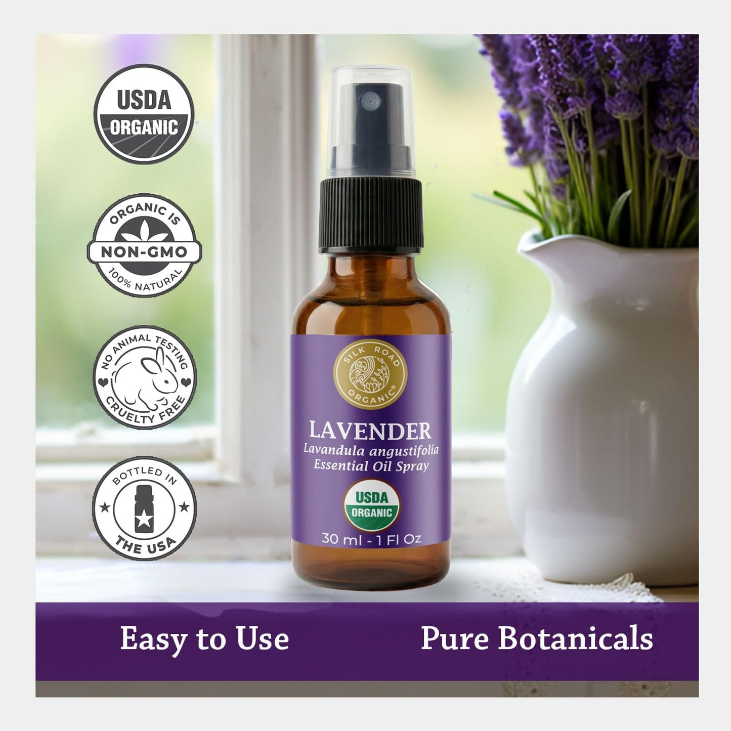 Silk Road Organic Lavender Essential Oil Spray, Lavandula Angustifolia, 100% Pure USDA Certified Aromatherapy for Calming, Relaxation & Skin – 1 oz Spray - Always Pure, Always Organic