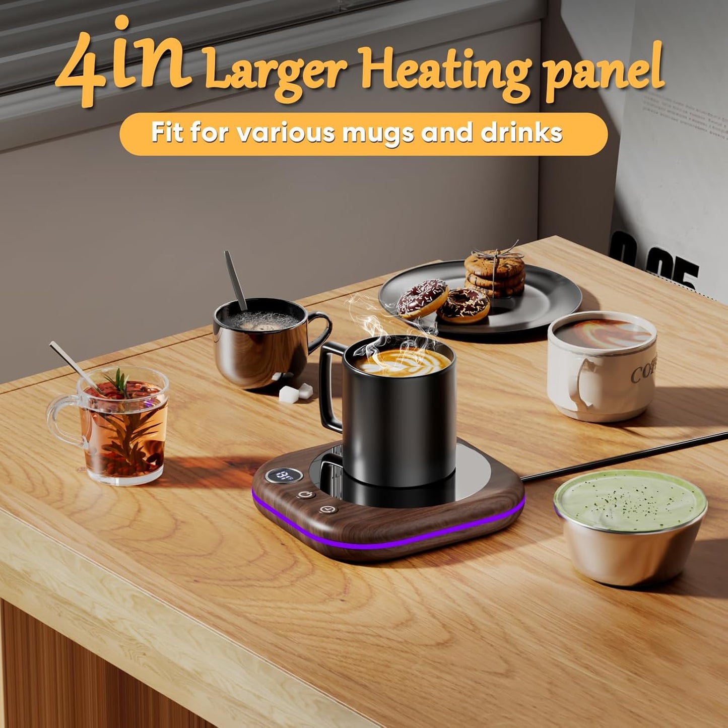 Mug Warmer Upgraded,Coffee Mug Warmer for Desk LEDs Light 3 Temp Settings (113-167°F) 1-12H Timer 4 H Auto Shut Off Beverage Cup Candle Warmer for Coffee Tea Milk(Wood Grain)