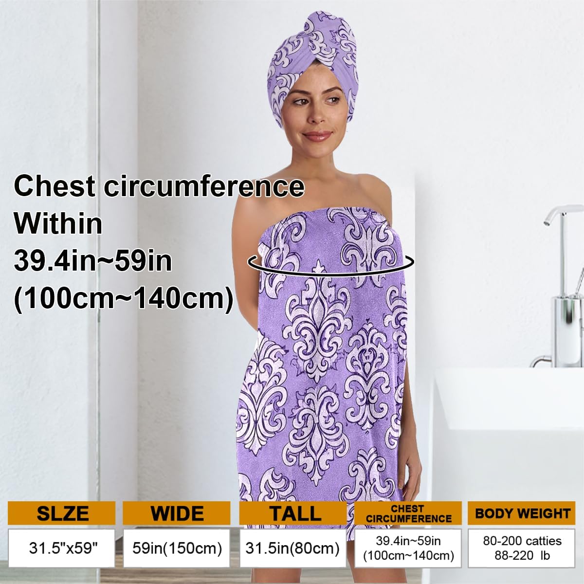 YWMAN Microfiber Bath Wrap Set with Hair Turban, Purple Damask Pattern, Soft Spa Shower Towel Wrap, Women's Bath Accessories, Fits 39.4-59 inch Chest