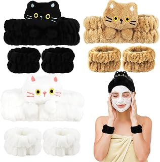 Spa Headband and Wristband Set 3 Pack Cute Headbands & 3 Pairs Wrist Bands for Washing Face, Skincare, Makeup, Yoga - Microfiber Headbands for Women Hair Bands for Girls (Black White Khaki)