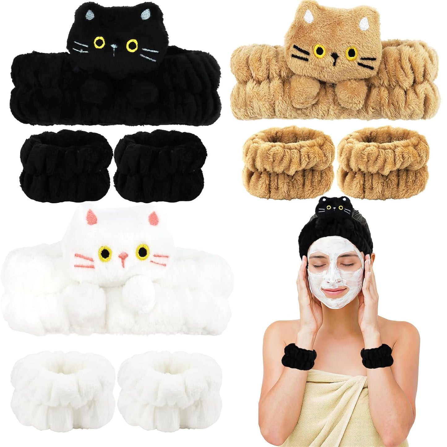Spa Headband and Wristband Set 3 Pack Cute Headbands & 3 Pairs Wrist Bands for Washing Face, Skincare, Makeup, Yoga - Microfiber Headbands for Women Hair Bands for Girls (Black White Khaki)