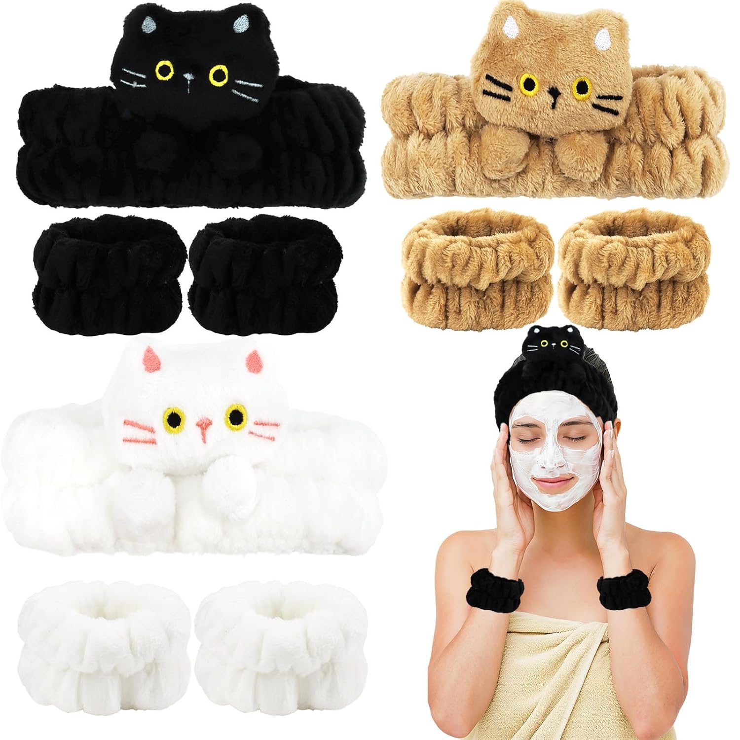 Spa Headband and Wristband Set 3 Pack Cute Headbands & 3 Pairs Wrist Bands for Washing Face, Skincare, Makeup, Yoga - Microfiber Headbands for Women Hair Bands for Girls (Black White Khaki)