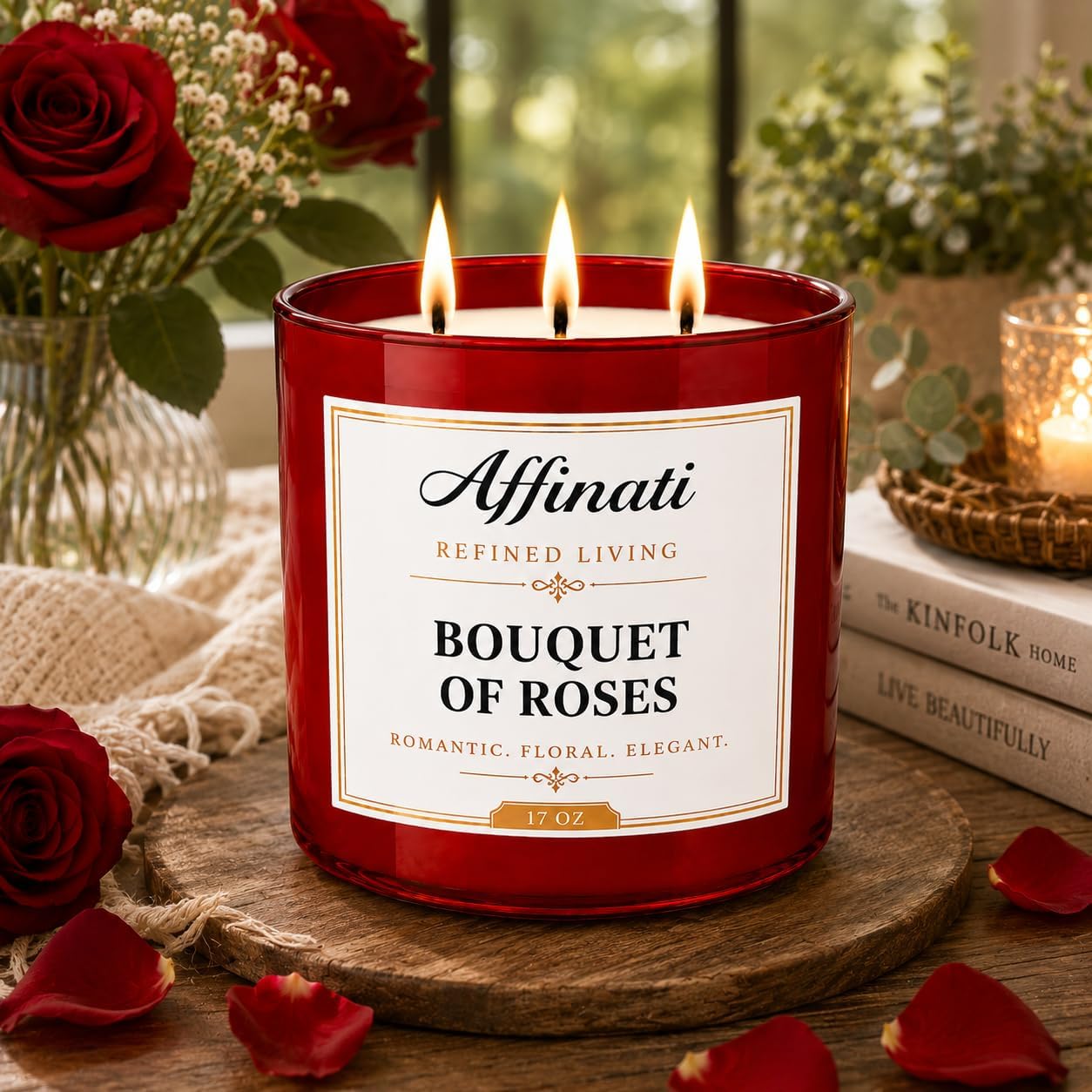 Affinati Bouquet of Roses 3 Wick Scented Candle – Large Soy Blend Candle, Strong Scent Throw Fresh Floral Bouquet Aromatherapy Candles, Premium Elegant Gift for Women