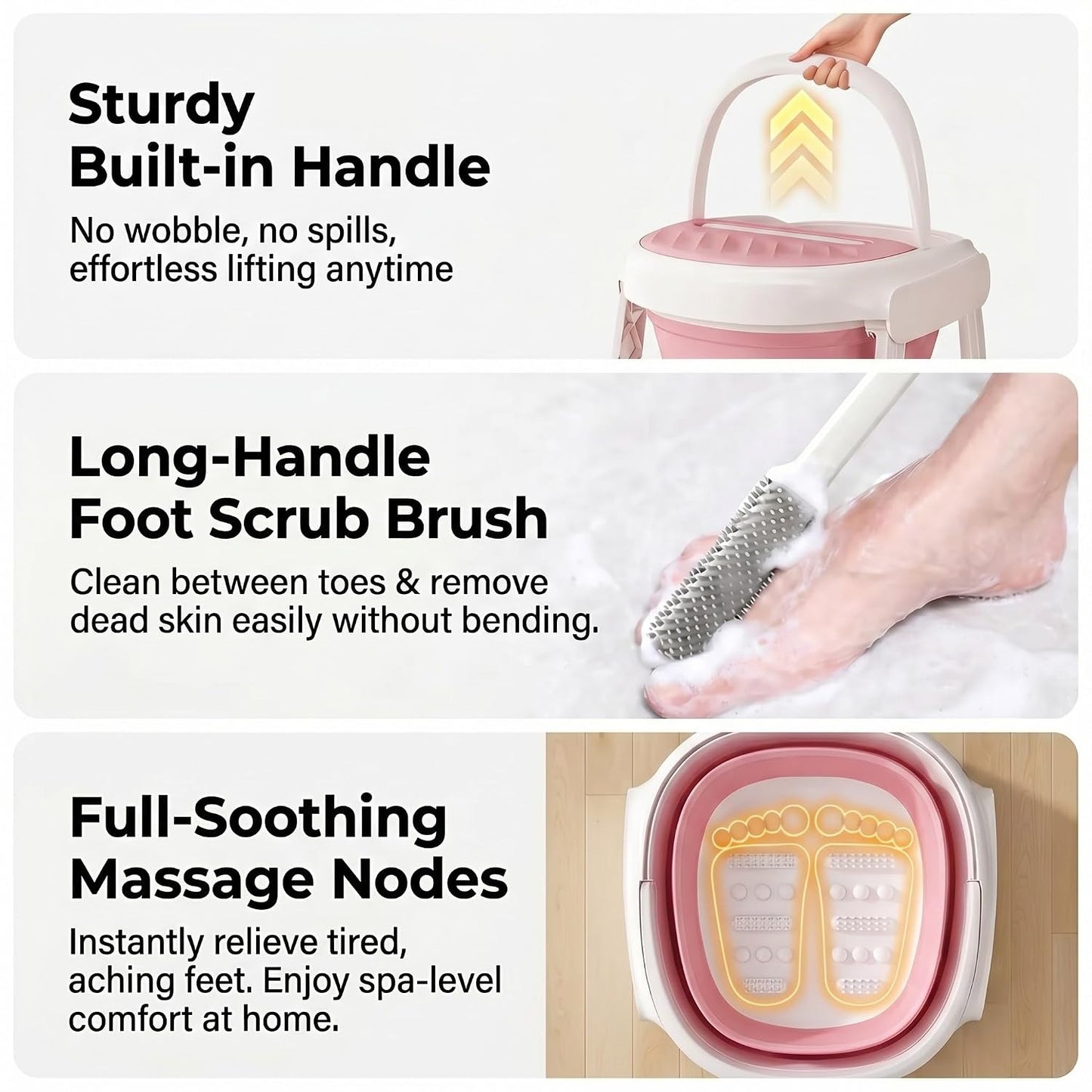 Collapsible Foot Bath Tub with Long Handle Foot Brush, Foldable Foot Soaking Tub with Insulated Lid & Sturdy Support Frame, Pedicure Foot Spa Basin for Men Women Home Travel (Pink)