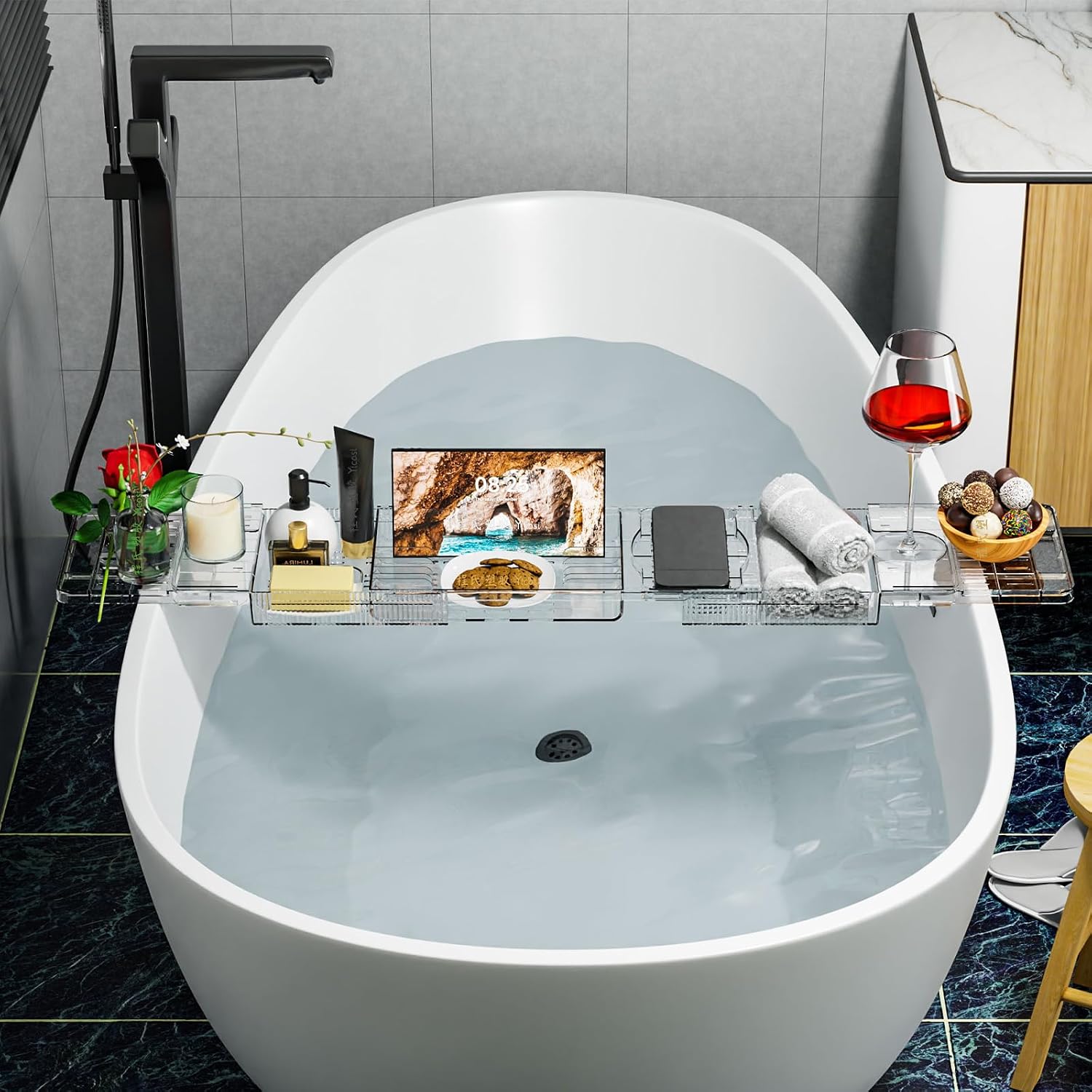 Yieach Iuxury Bathtub Trays For Tub,Expandable Bath Shelf Over Tub,Clear Bath Table,Bath Board,Bath Caddy Tray and Bath Tub Accessories for Women Relaxing With Bath Reading Book and Ipad Holder,1 Pack