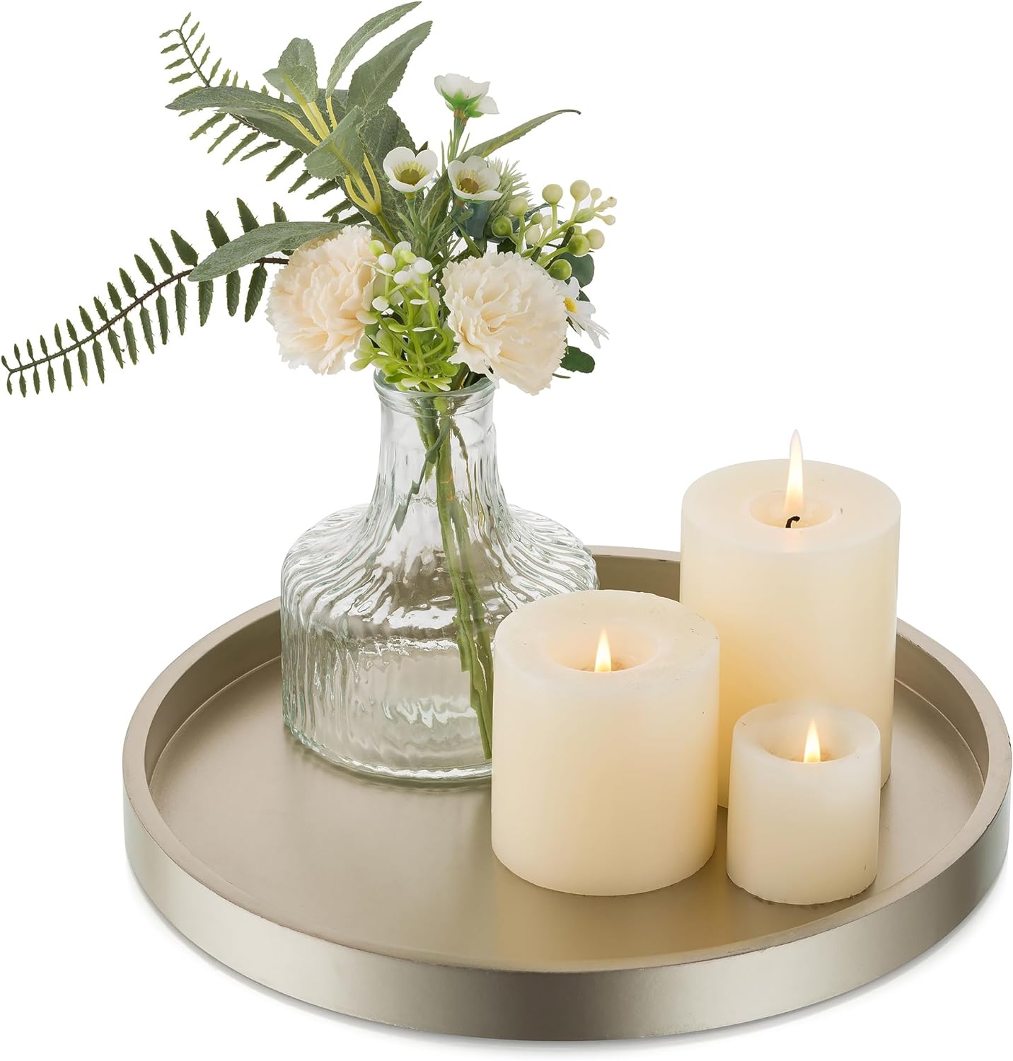 Hanobe Candle Plate Holder Tray: Champagne Gold Round Wood Candle Plate Decorative Centerpiece Small Tealight Pillar Trays for Living Room Dining Coffee Table Home Decor