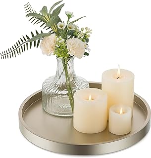 Hanobe Candle Plate Holder Tray: Champagne Gold Round Wood Candle Plate Decorative Centerpiece Small Tealight Pillar Trays for Living Room Dining Coffee Table Home Decor