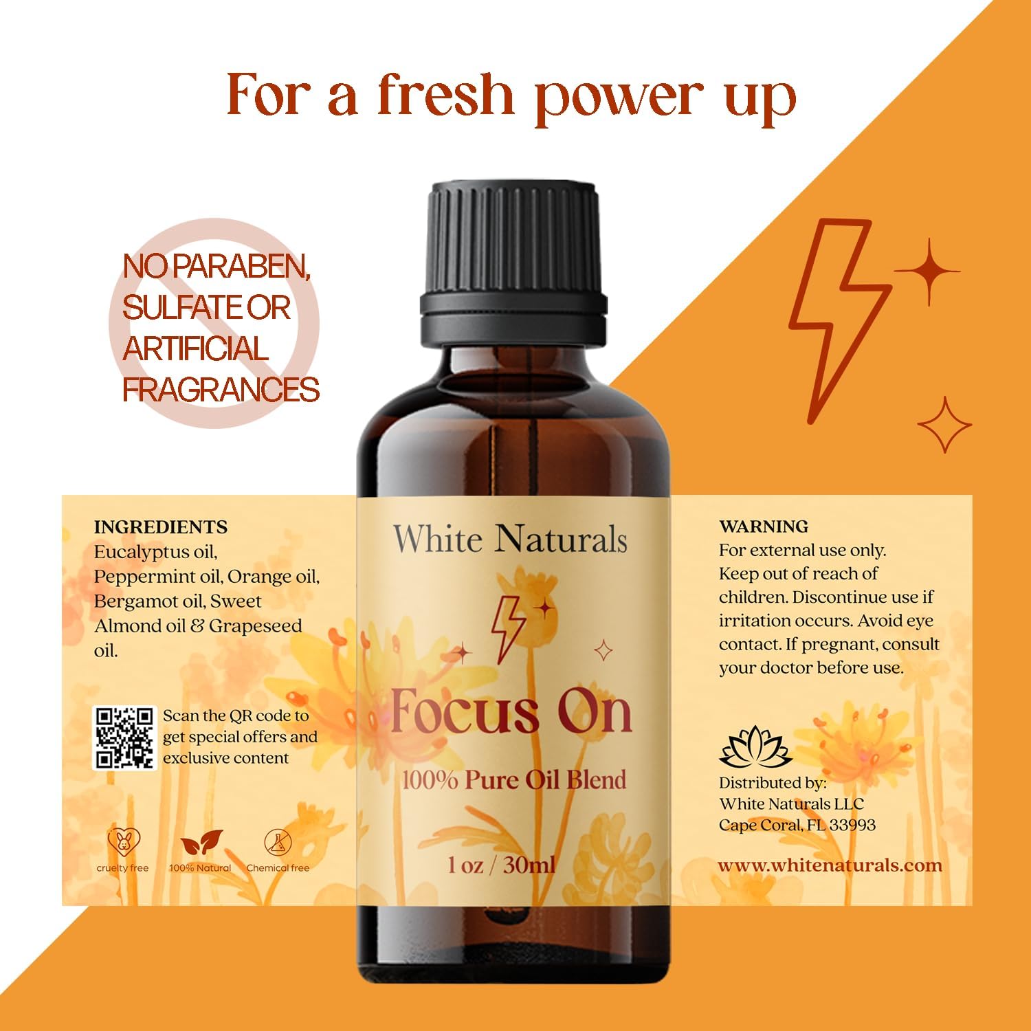 White Naturals Focus On Essential Oil Blend – Refreshing Aromatherapy Oil for Clarity & Attention, 100% Pure & Natural Essential Oils for Productivity, 1oz