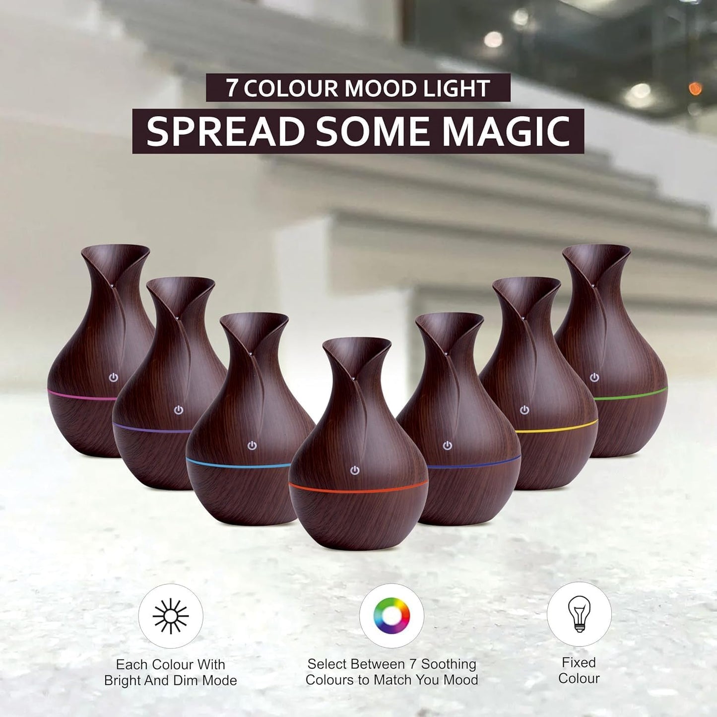 Essential Oil Diffuser, Dark Wood Grain Finish, 300ml Ultrasonic Cool Mist Humidifier with LED Light, Vase Design