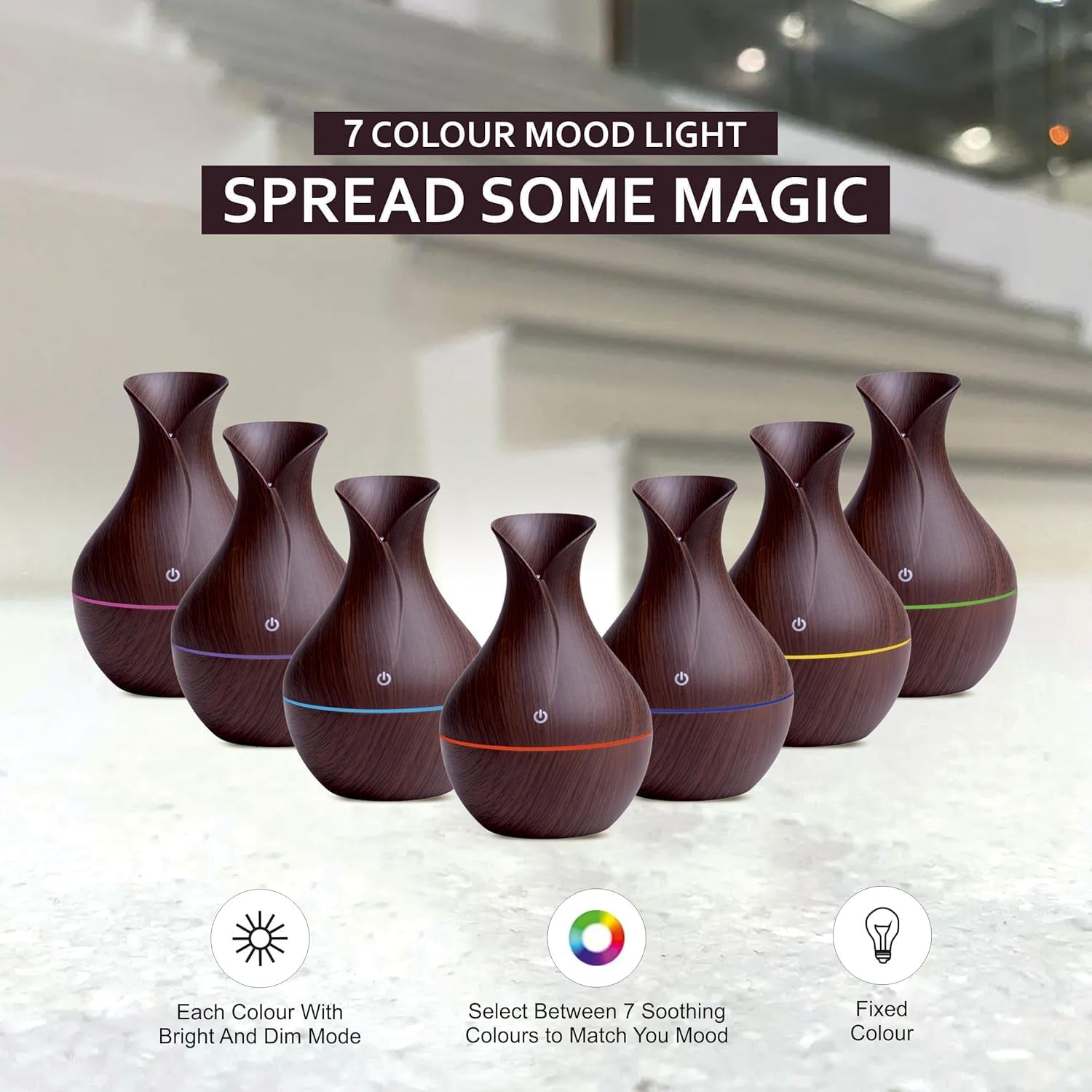 Essential Oil Diffuser, Dark Wood Grain Finish, 300ml Ultrasonic Cool Mist Humidifier with LED Light, Vase Design