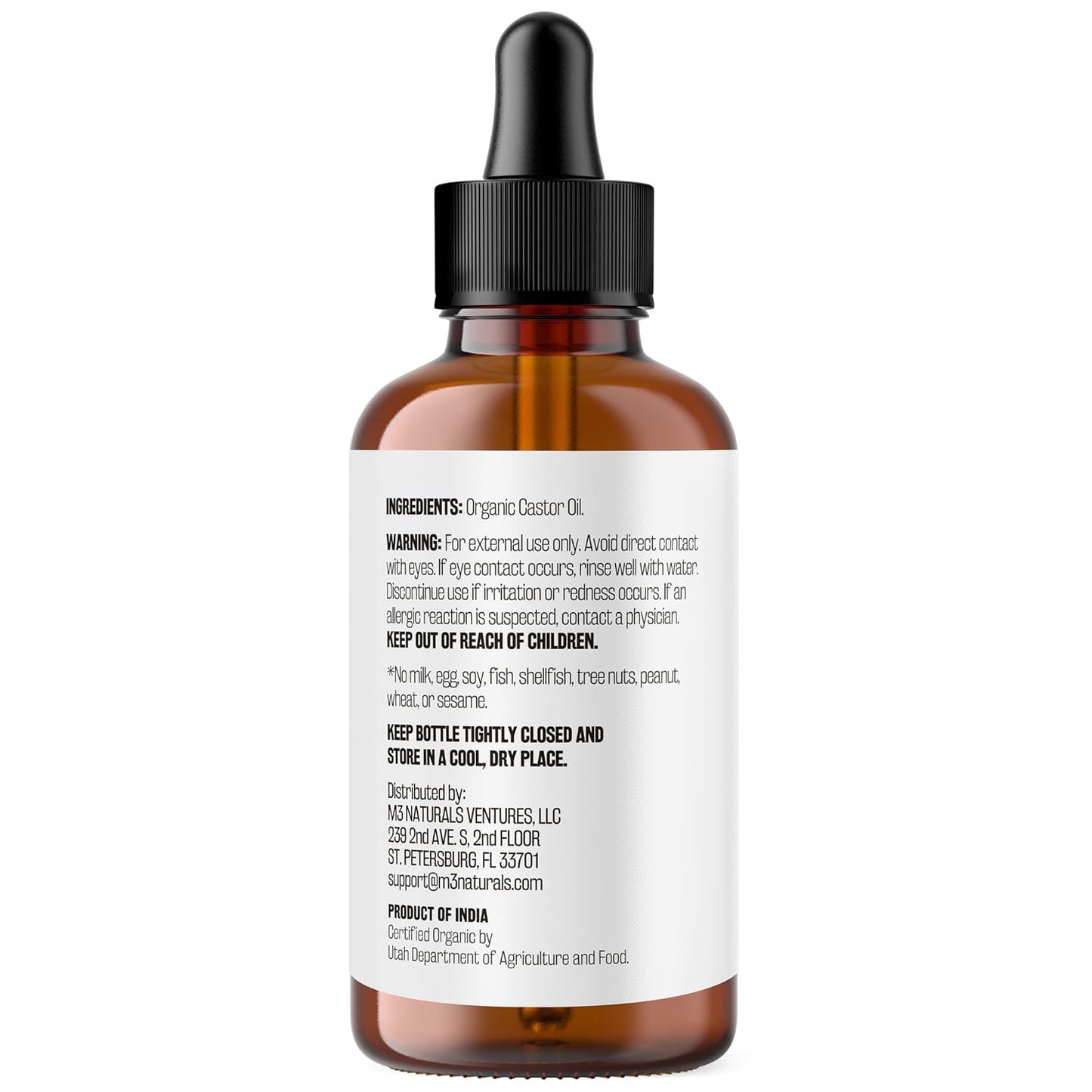 100% Pure Organic Castor Oil for Hair, Lash and Eyebrow Growth, Lymphatic Drainage and Skin Hydration | Hexane-Free, Cold Pressed, Unrefined in a 4 fl oz Glass Bottle with Dropper by M3