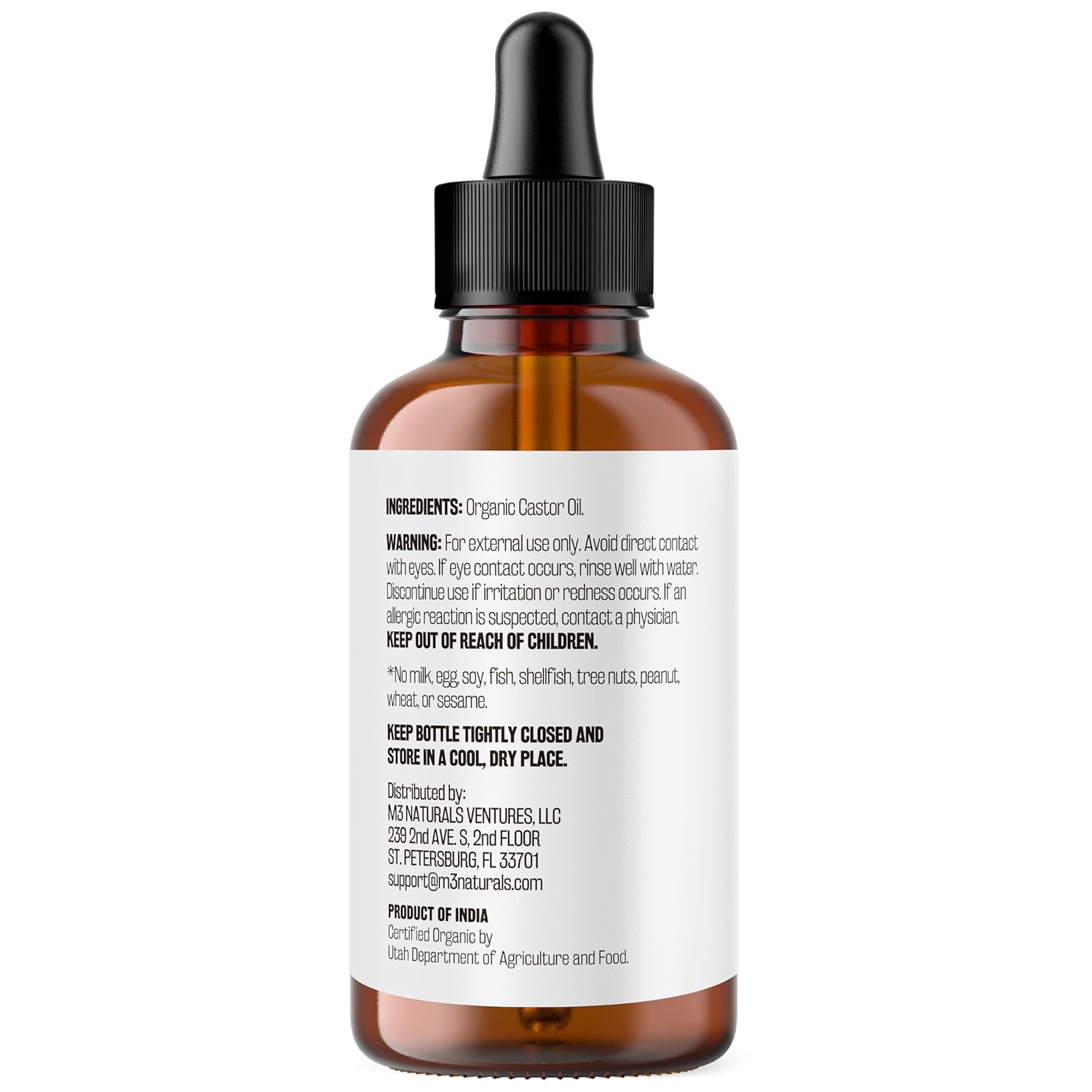 100% Pure Organic Castor Oil for Hair, Lash and Eyebrow Growth, Lymphatic Drainage and Skin Hydration | Hexane-Free, Cold Pressed, Unrefined in a 4 fl oz Glass Bottle with Dropper by M3