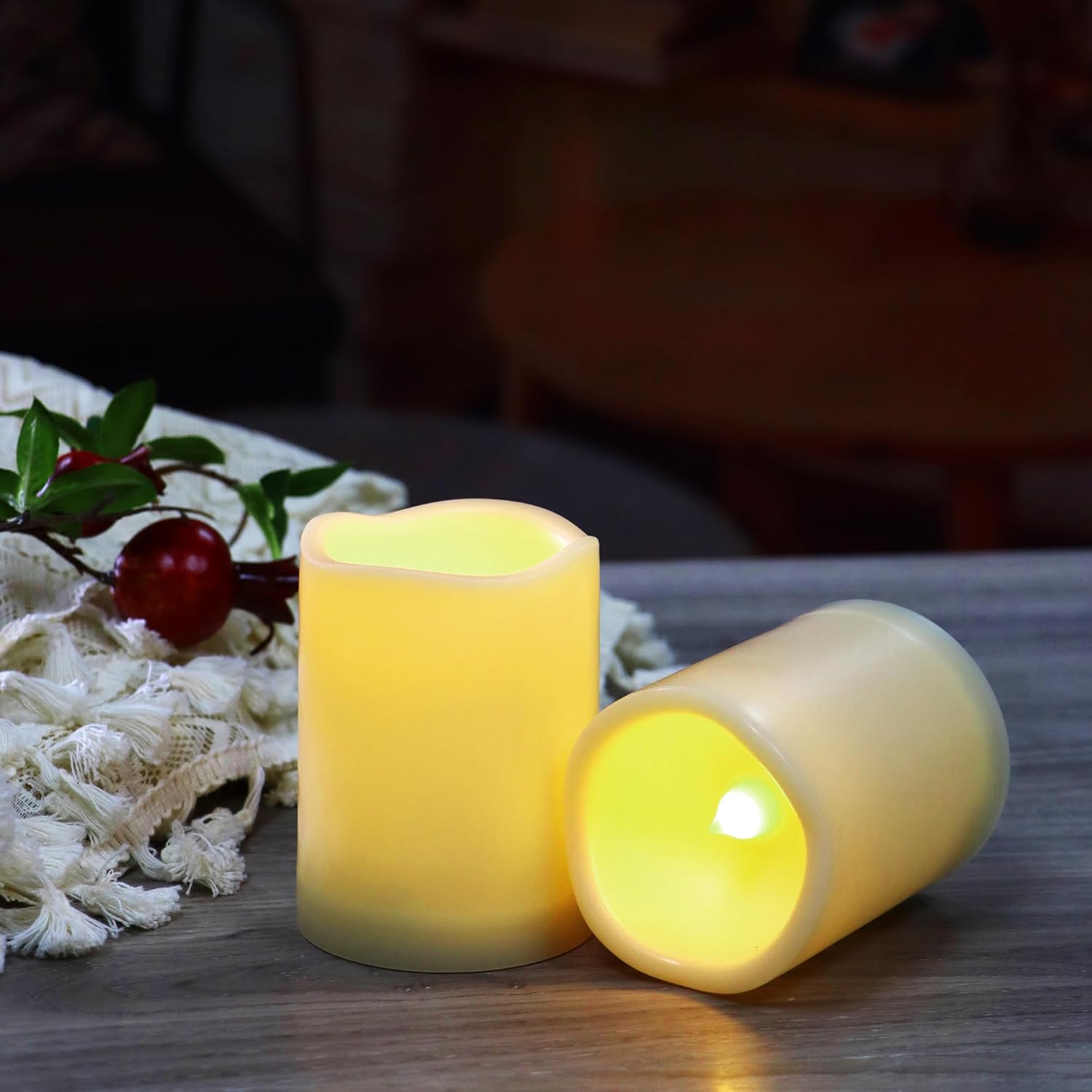 Waterproof Outdoor Battery Operated Flameless Candles with Auto Timer Flickering Plastic Resin Electric LED Pillar Lights for Lantern Patio Garden Wedding Party Decorations 3x4 Inches 2 Pack White