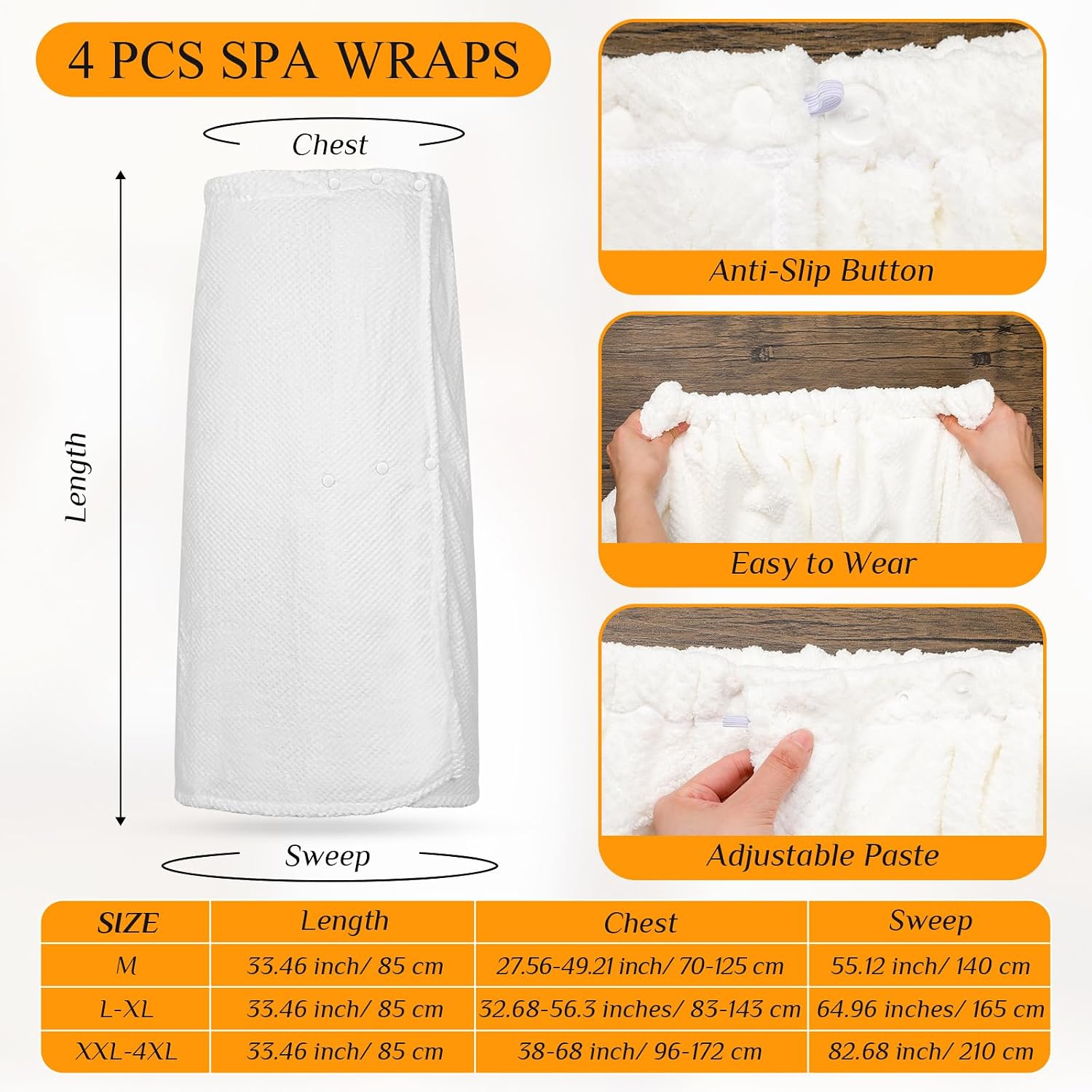 Tigeen 4 Pcs Spa Wrap Towel Wrap for Women Spa Robe with Adjustable Closure Elastic Top Lightweight Wraps for Bath Shower (White,XXL-4xl)