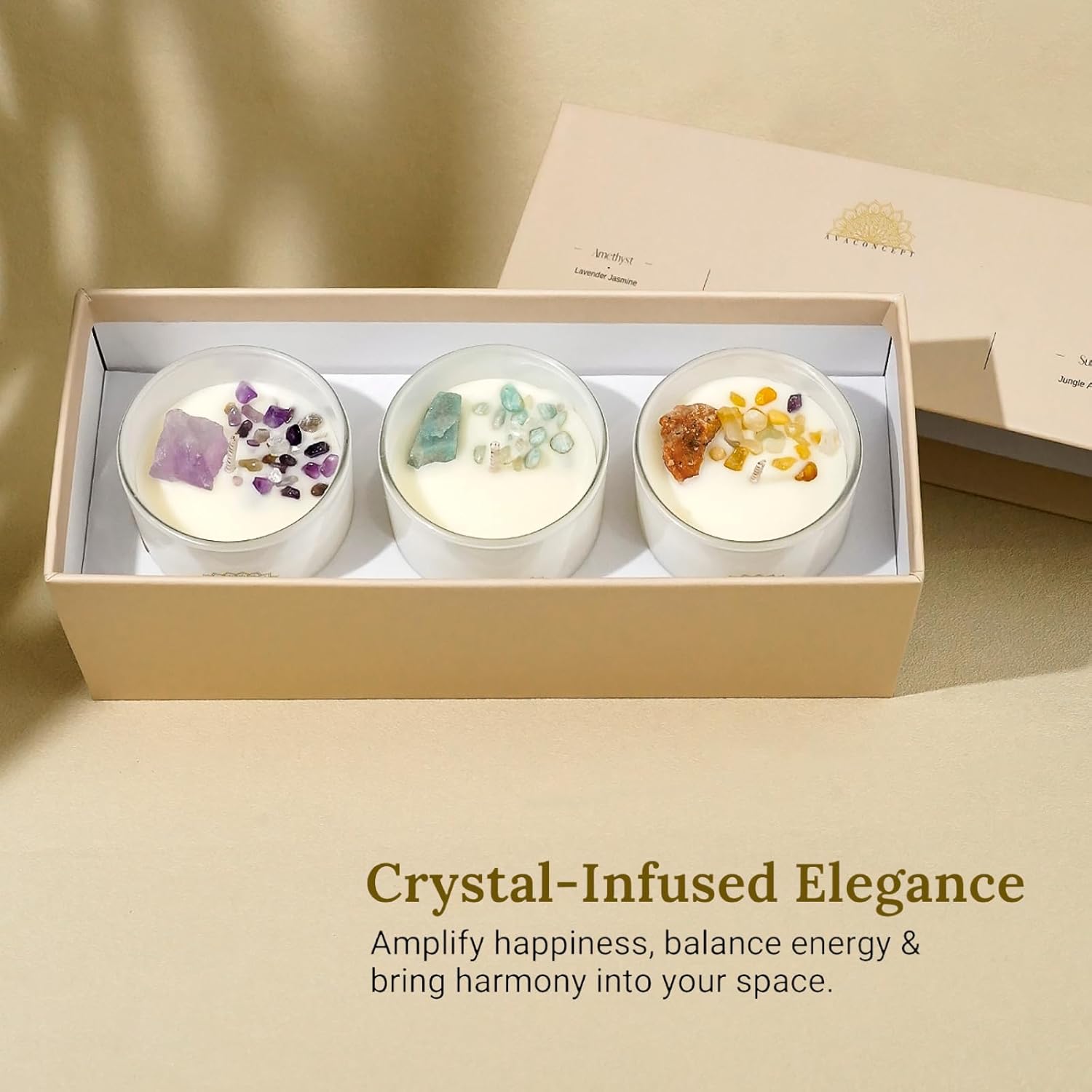 AvaConcept Healing Crystal Candle Gift Set – Set of 3 Amethyst, Amazonite & Sunstone Hand-Poured Soy Wax Lavender Jasmine, Coastal Breeze & Jungle Attachment Aromatherapy 3.5oz Each | Premium Gift Box