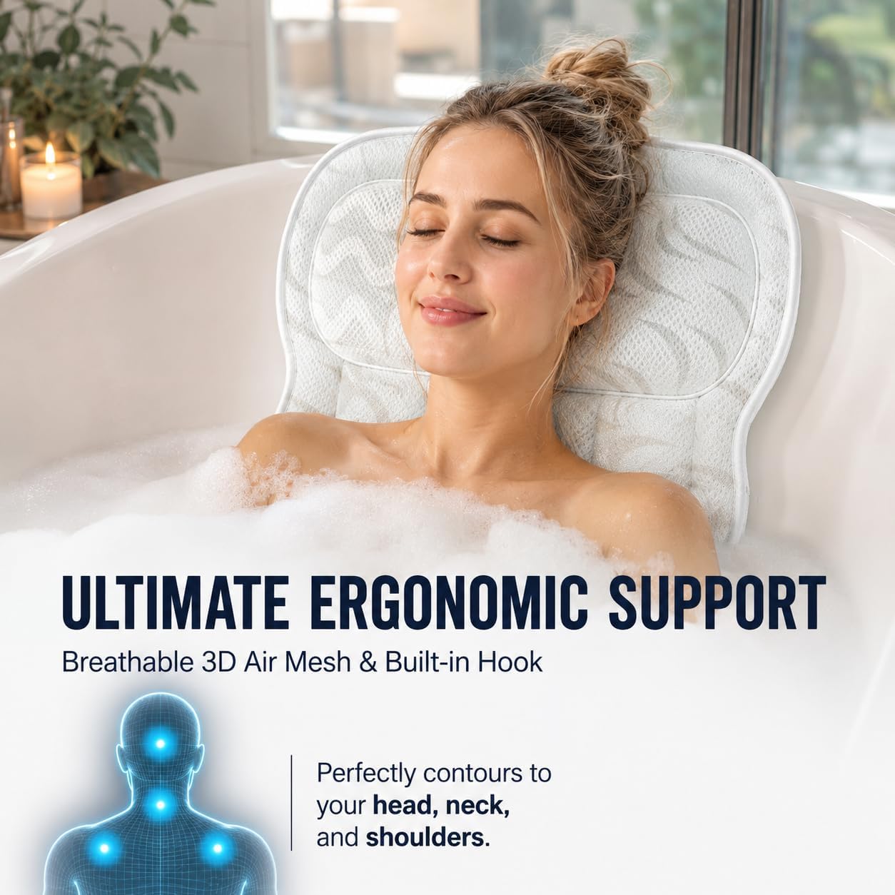 Wavy 4D Air Mesh Bath Pillow for Tub Neck and Back Support | Includes 6 anti-slip suction cups and a built-in hook for quick drying. Excellent ergonomic spa accessories gift for adults.