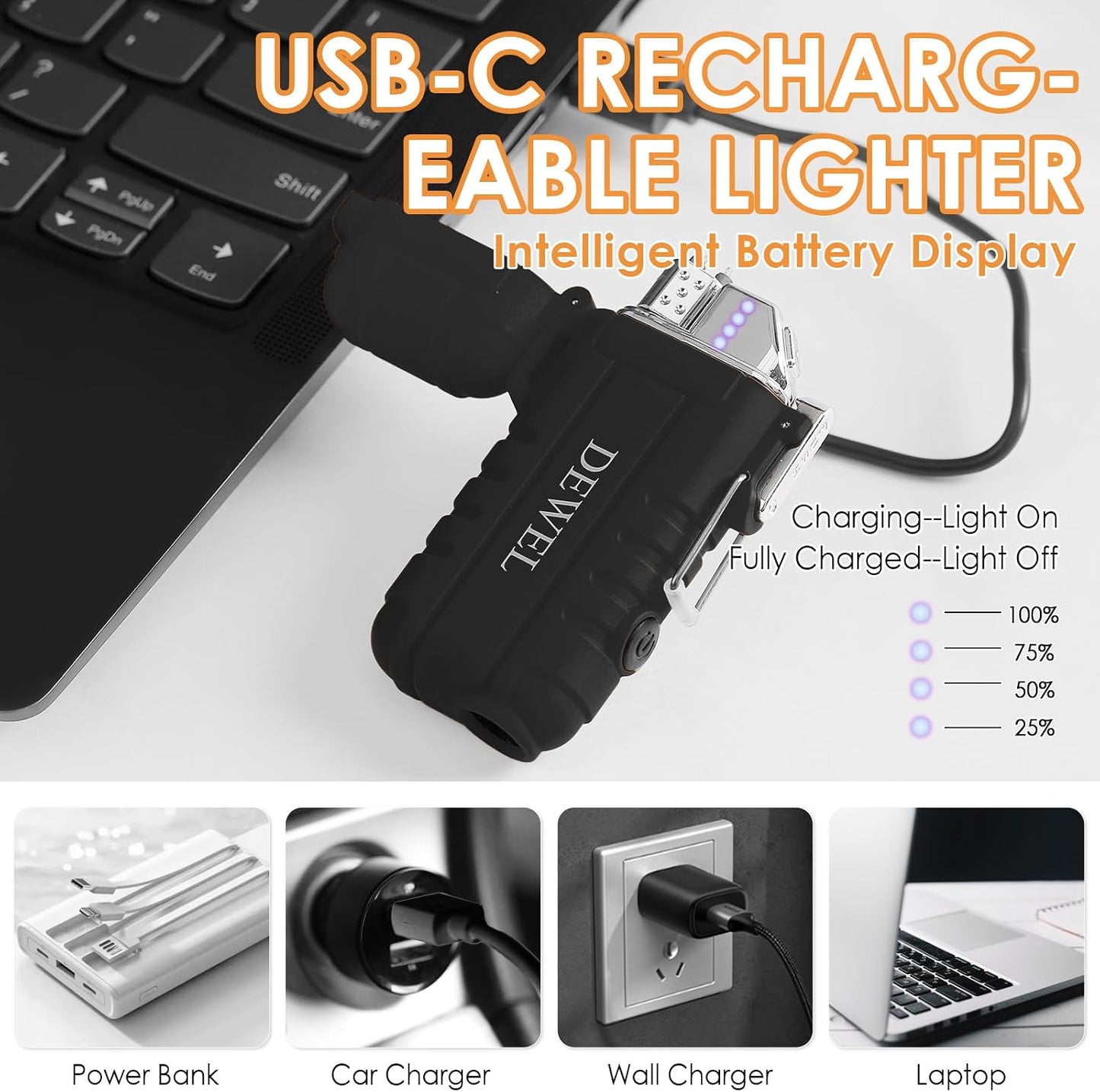DEWEL Rechargeable Electric Arc Lighter, Waterproof USB C Lighter with LED Battery Display, Flashlight, and 360° Flexible Extendable Neck, Perfect for Candle, Camping, and Outdoor Adventure