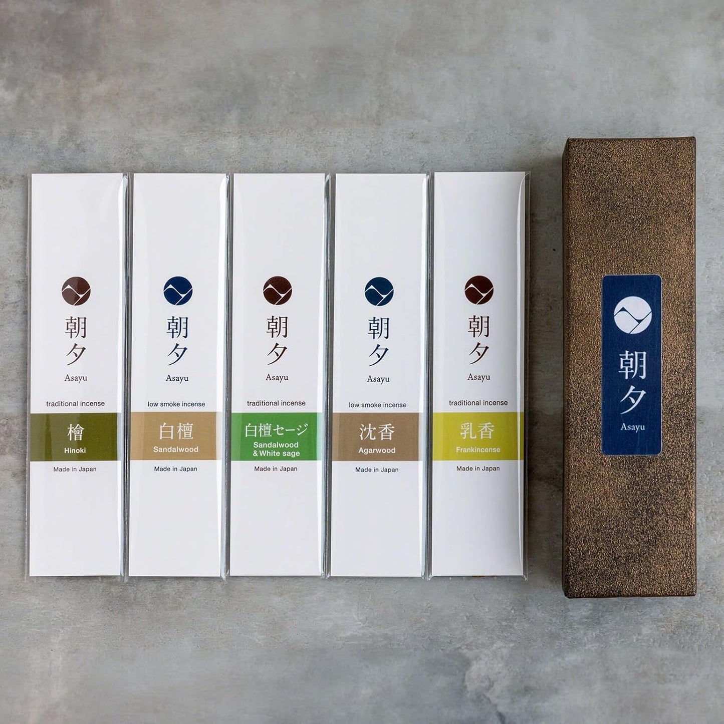 Asayu Japan Incense Sticks Assortment - 5 Natural Fragrances, 20g, 100% Made in Japan Incense Sampler Variety Pack - for Yoga, Zen Meditation & Relaxation
