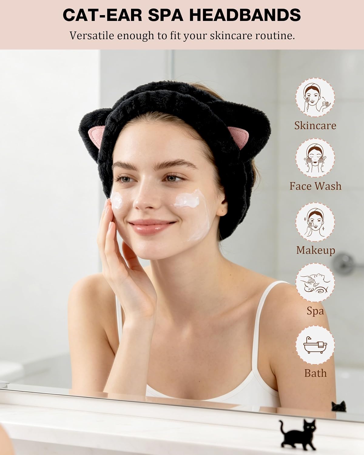 YOOVR 3pcs Spa Headband, Stocking Stuffers for Teen Girls, Skincare Face Wash Makeup Headband with Cat Ears, Cute Stuff Small Gifts for Women Cat Lovers Mom, Hair Accessories, Gift Basket Stuffers