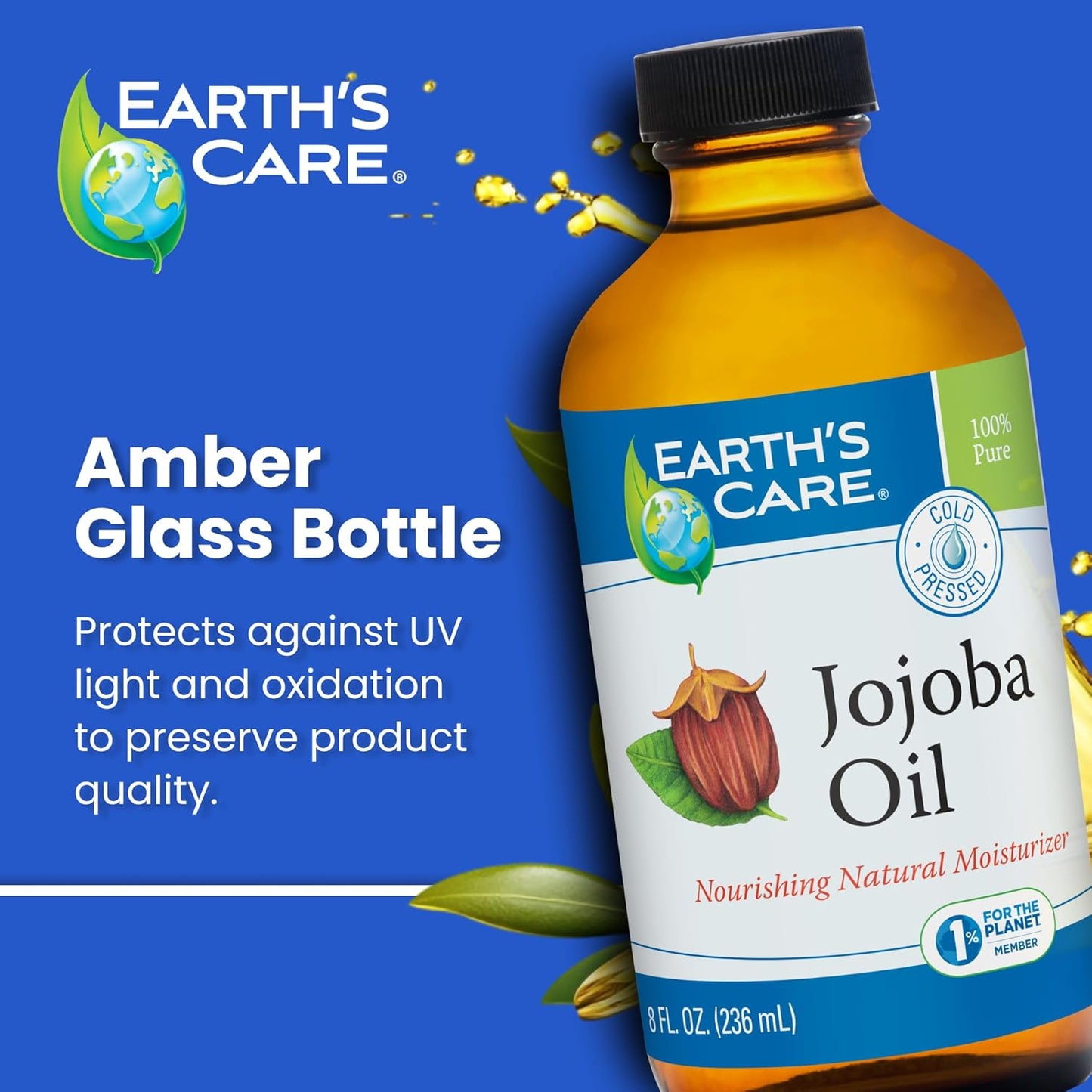Earth’s Care Jojoba Oil - 100% Pure Jojoba Oil for Hair, Skin and Nails - Cold Pressed - Nourishing Natural Moisturizer - 8 FL OZ