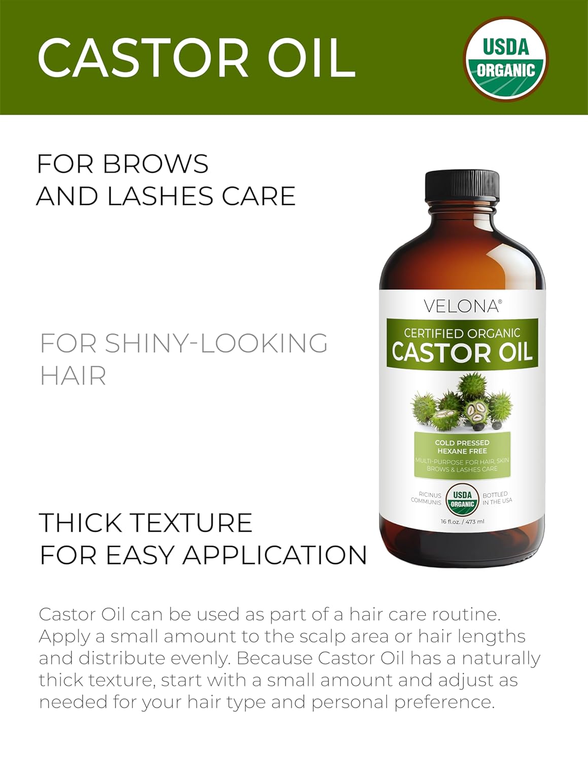 velona USDA Certified Organic Castor Oil – 16 fl oz in Glass Bottle | Cold-Pressed, Hexane-Free, USP Grade | Eyelash & Eyebrow | Bottled in USA