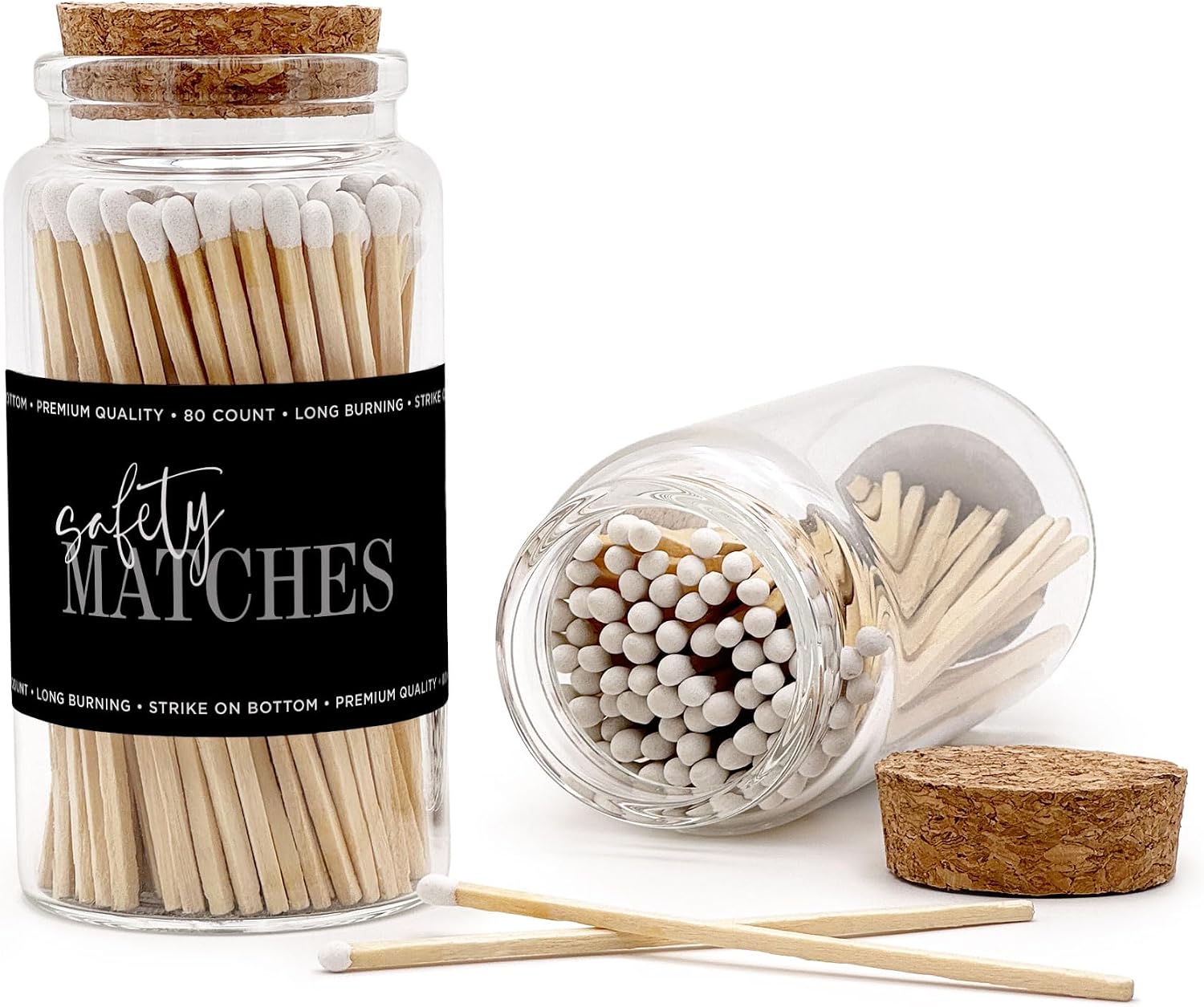 Wooden Safety Matches in a Jar with Striker | Decorative Matches for Candles | Long Matches for Candles in Apothecary Glass Jar | Approx. 80 Safety Matches for Home Decor & Bathroom